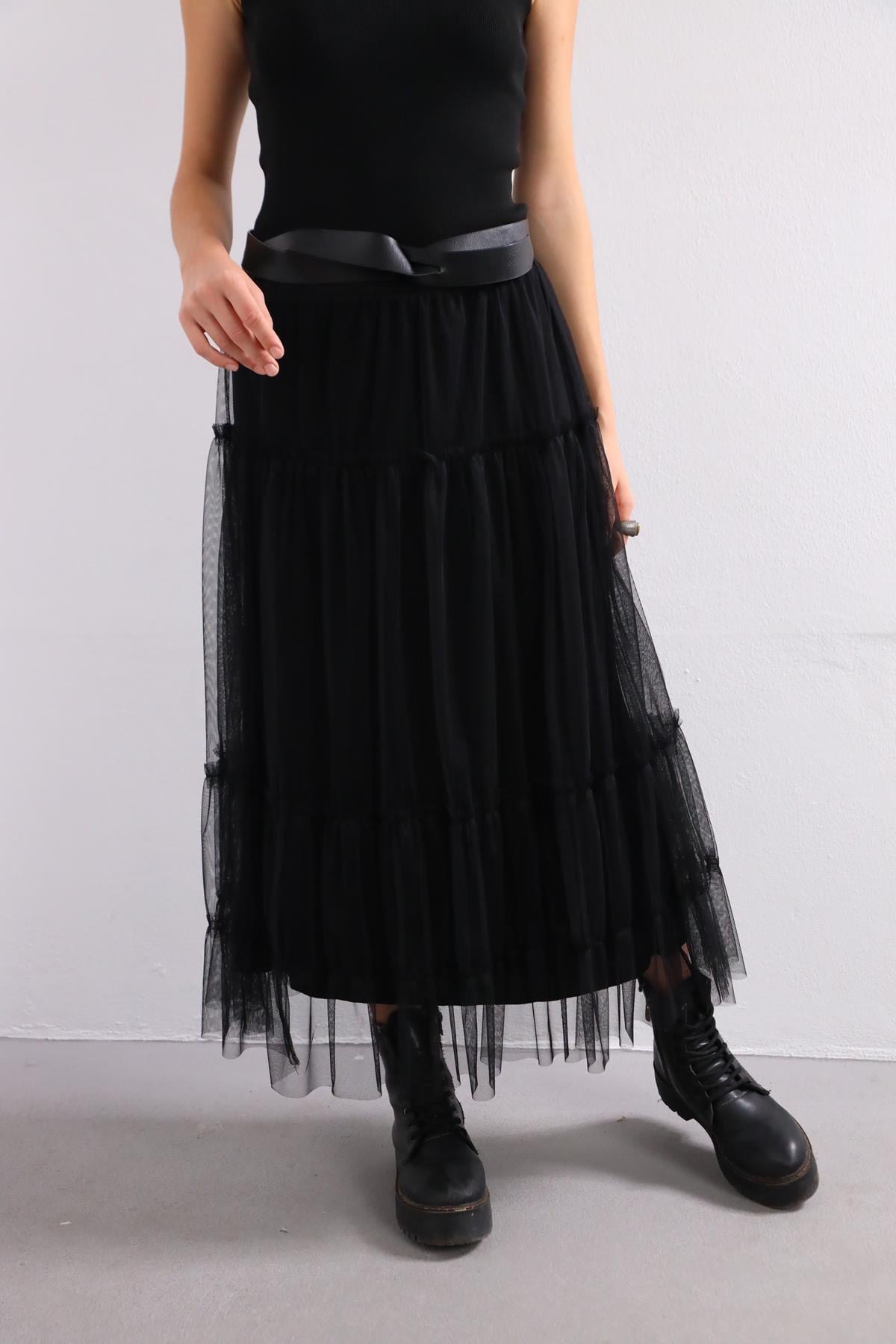 Navy Blue Floral Stitched Waist Shirt Dress - Şaman Butik Black Layered Tulle Skirt