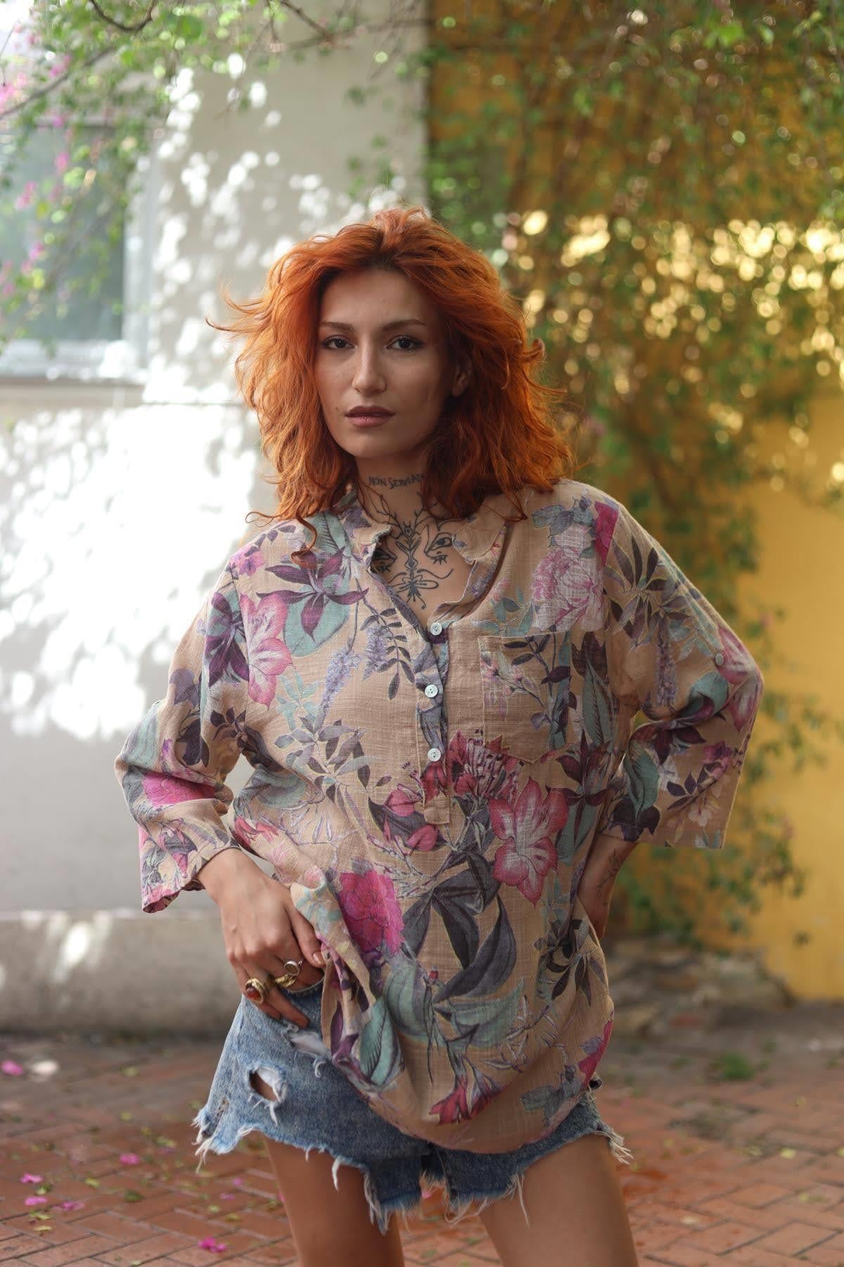 Light Brown Flower Patterned Three Button Shirt