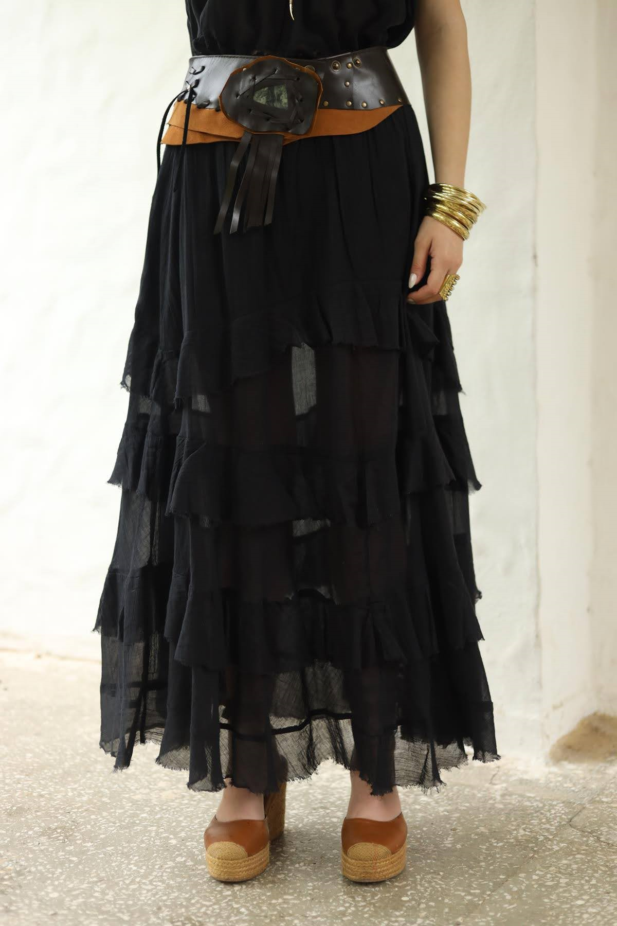 Black Gimped Waist Ruffle Detail Skirt