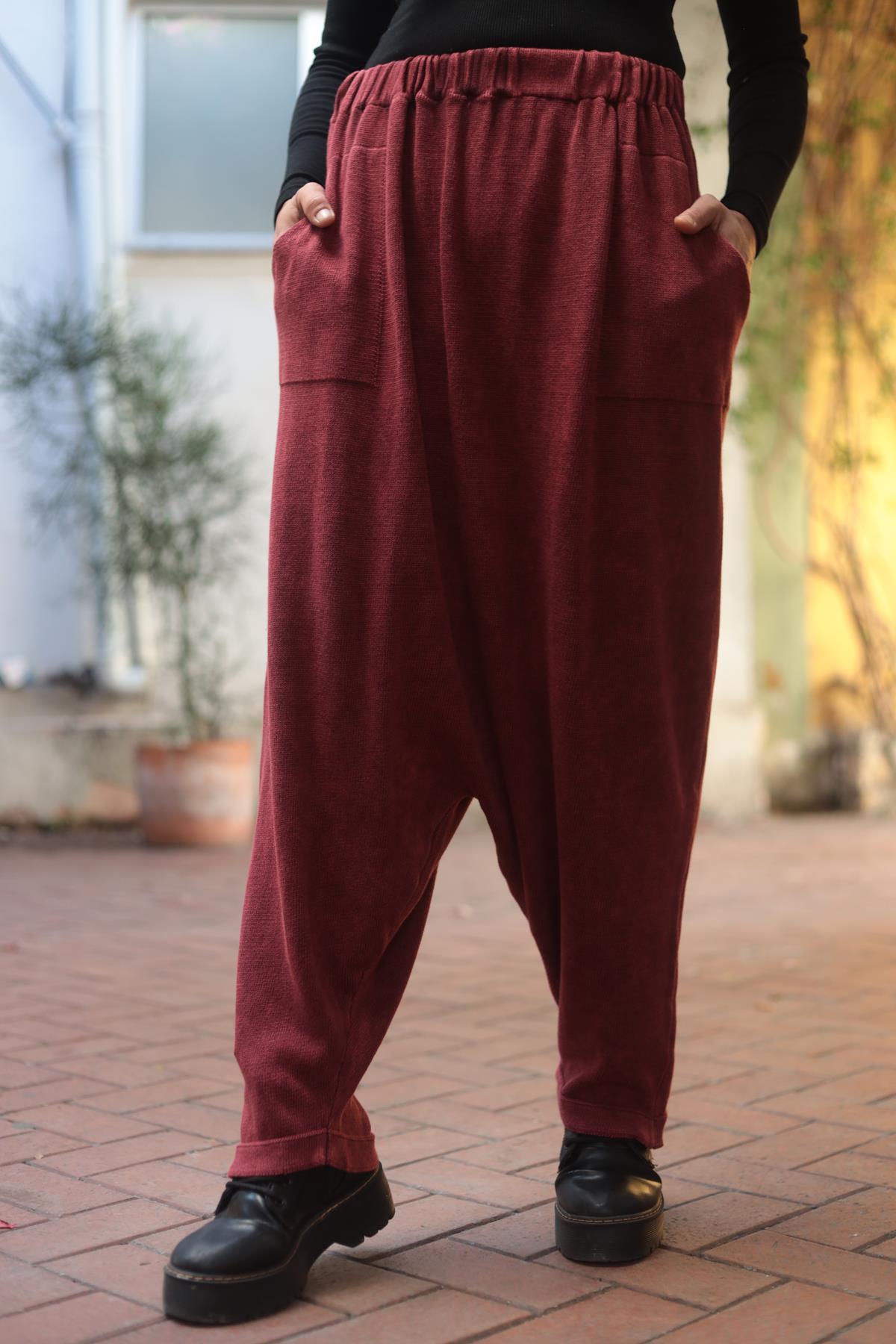 Bordo Yıkamalı Triko Şalvar
