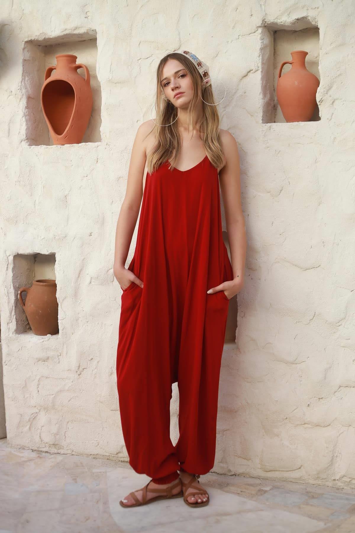 Red Halter Neck Elastic Cuff Jumpsuit
