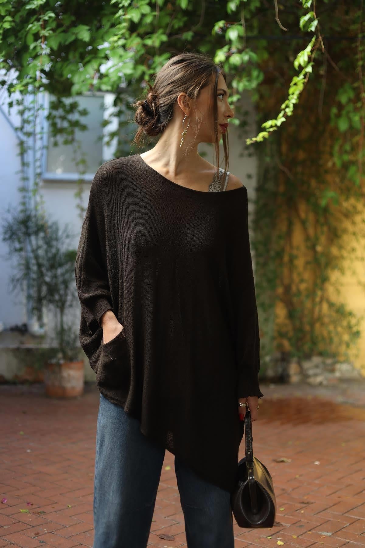 Koyu Kahverengi Asimetrik Kesim Cepli Tunik