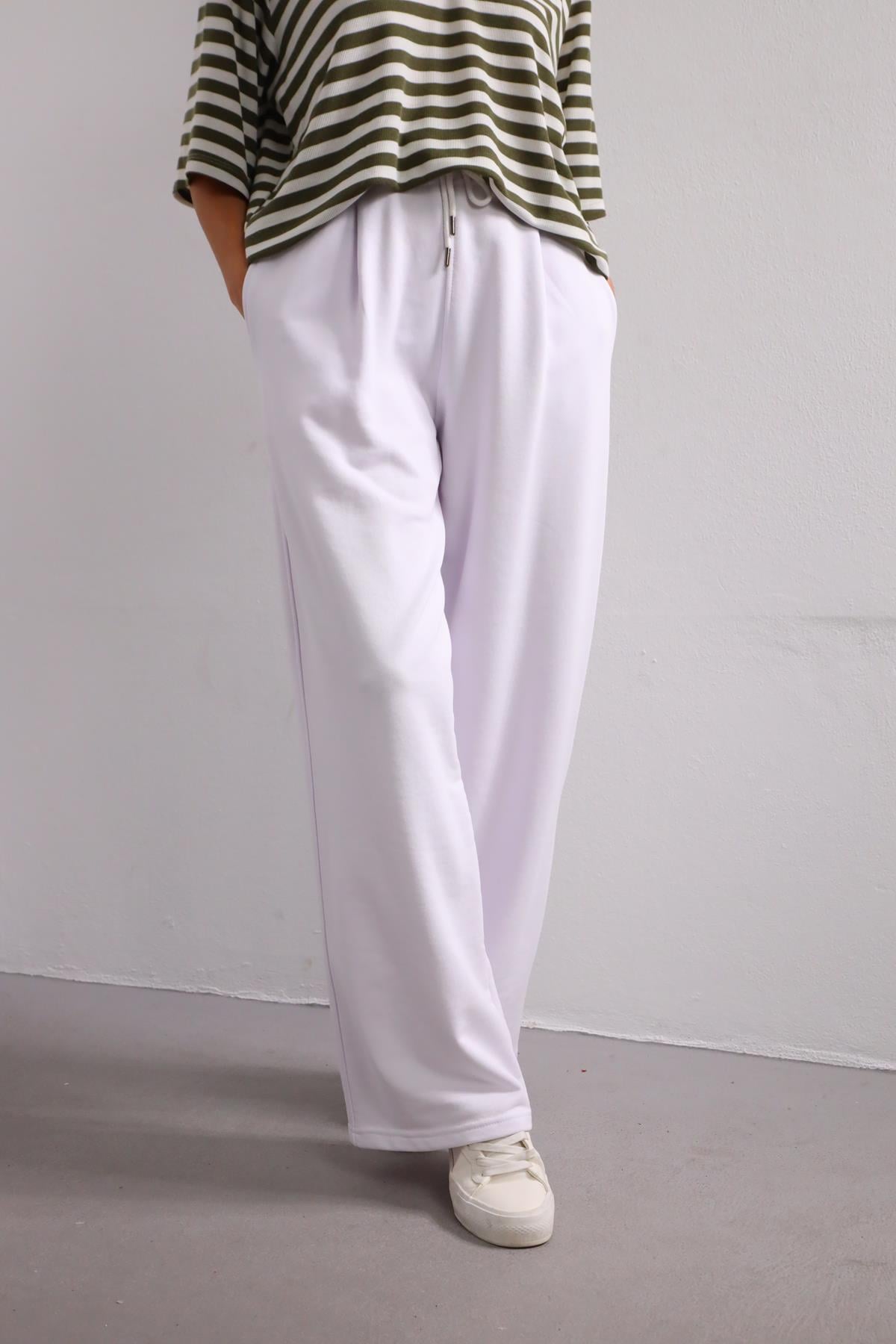 Beyaz Bol Paça Rahat Pantolon - Şaman Butik Beyaz Bol Paça Rahat Pantolon