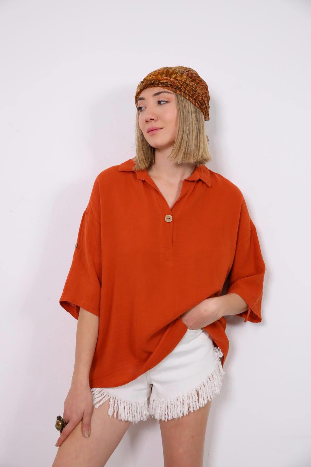 Kiremit Rengi Müslin Tek Düğmeli Gömlek - Şaman Butik Kiremit Rengi Müslin Tek Düğmeli Gömlek