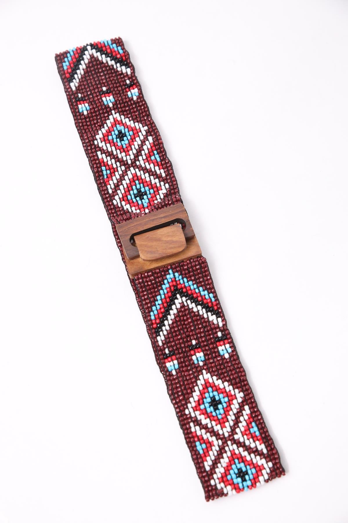 Claret Red Wooden Buckle Detailed Beaded Elastic Belt