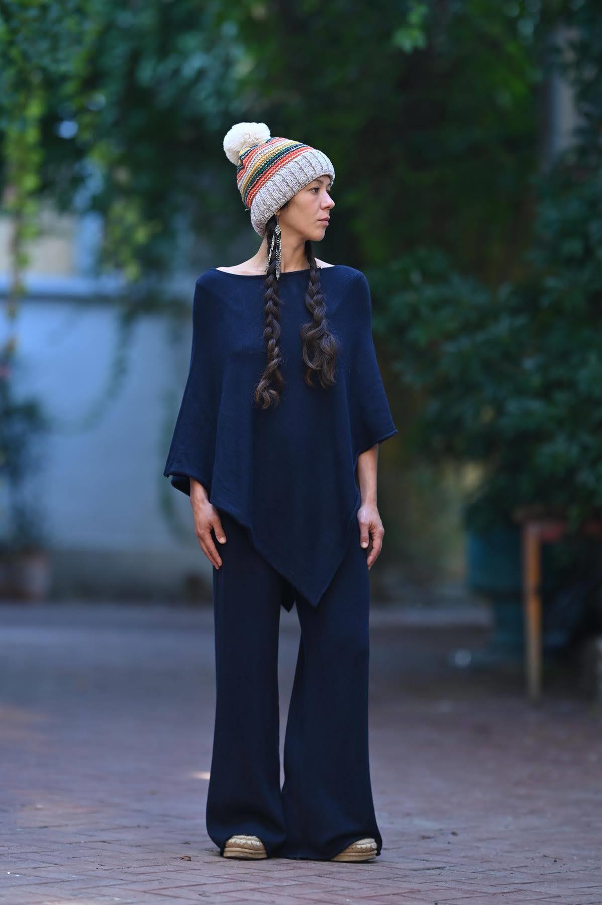 Lacivert Yumuşak Doku Panço ve Pantolon Takım