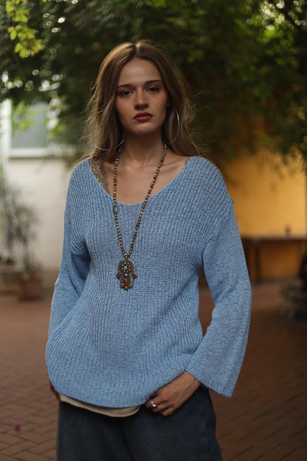 Mavi V Yaka Uzun Kollu Merserize