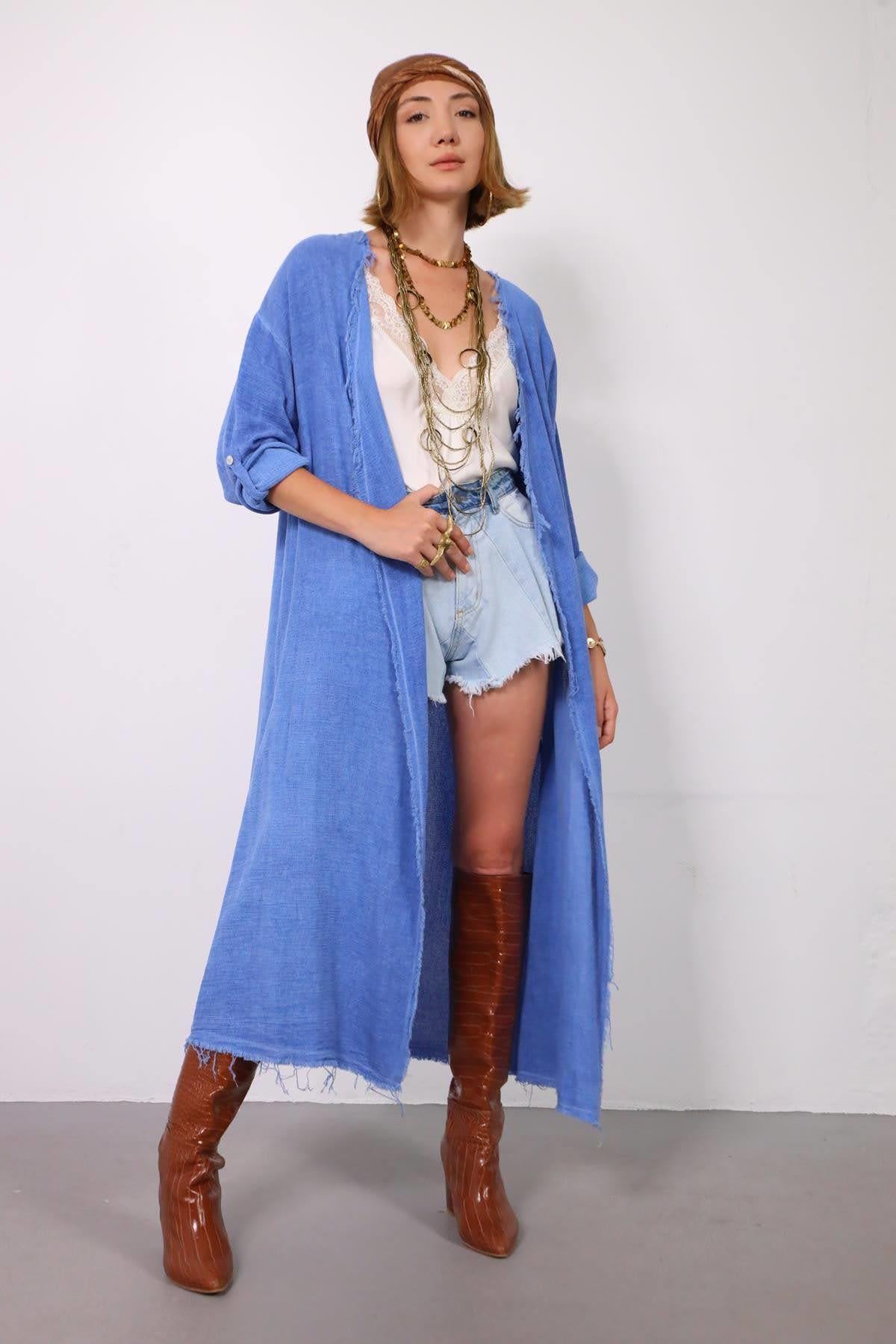 Mavi Saçak Detay Düz Kesim Kaftan - Şaman Butik Mavi Saçak Detay Düz Kesim Kaftan