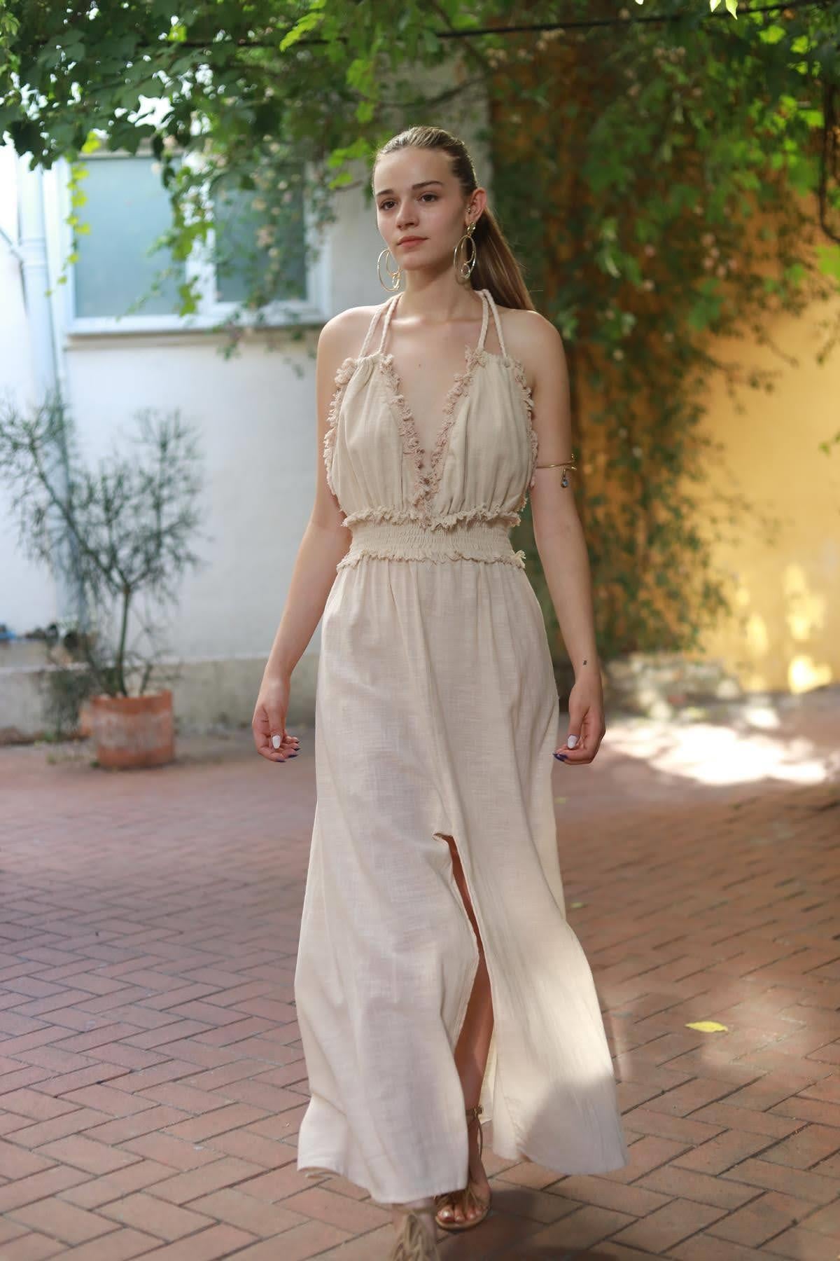 Cream Color Knitted Strappy Slit Dress