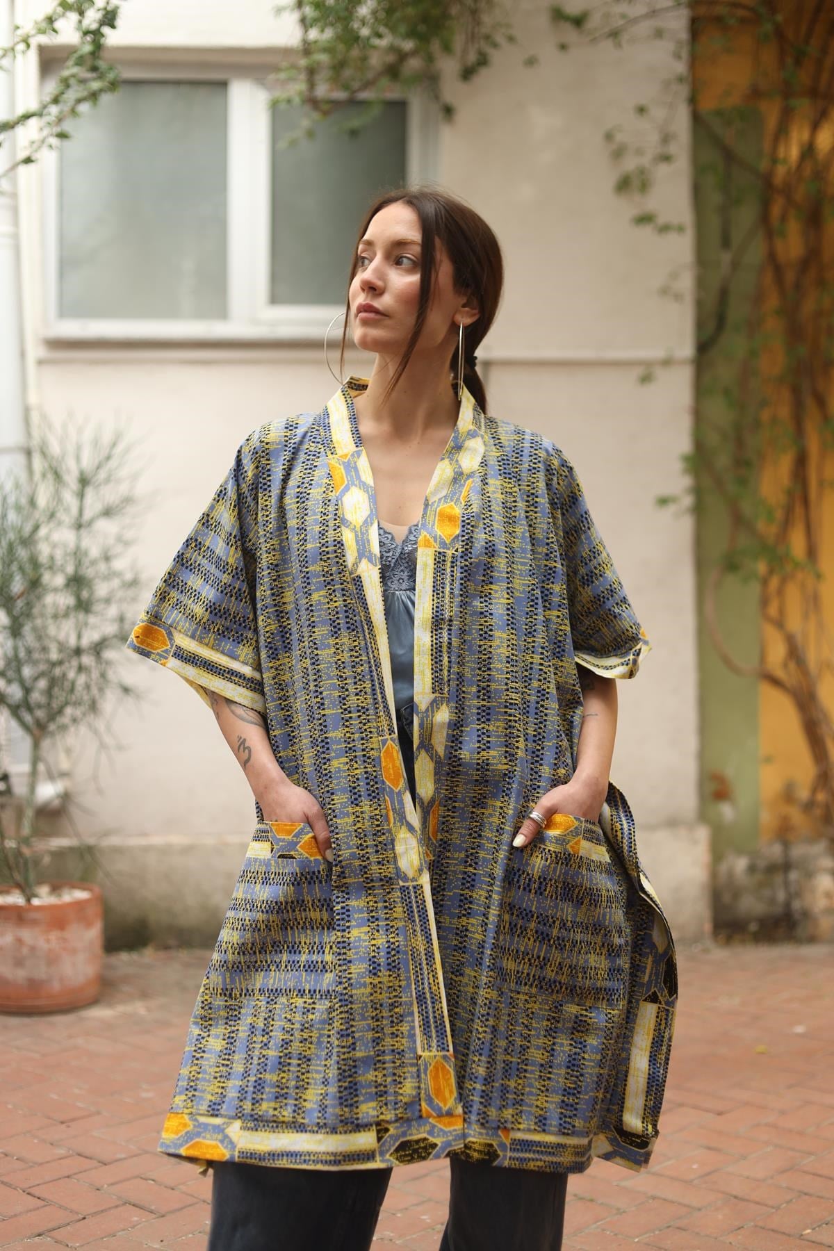 İndigo Mavi Desenli Kısa Kolsuz Kaftan