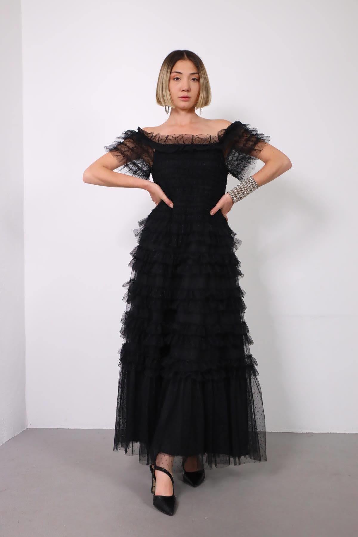 Siyah Puanlı Kat Kat Tül Ebise - Şaman Butik Siyah Puanlı Kat Kat Tül Ebise