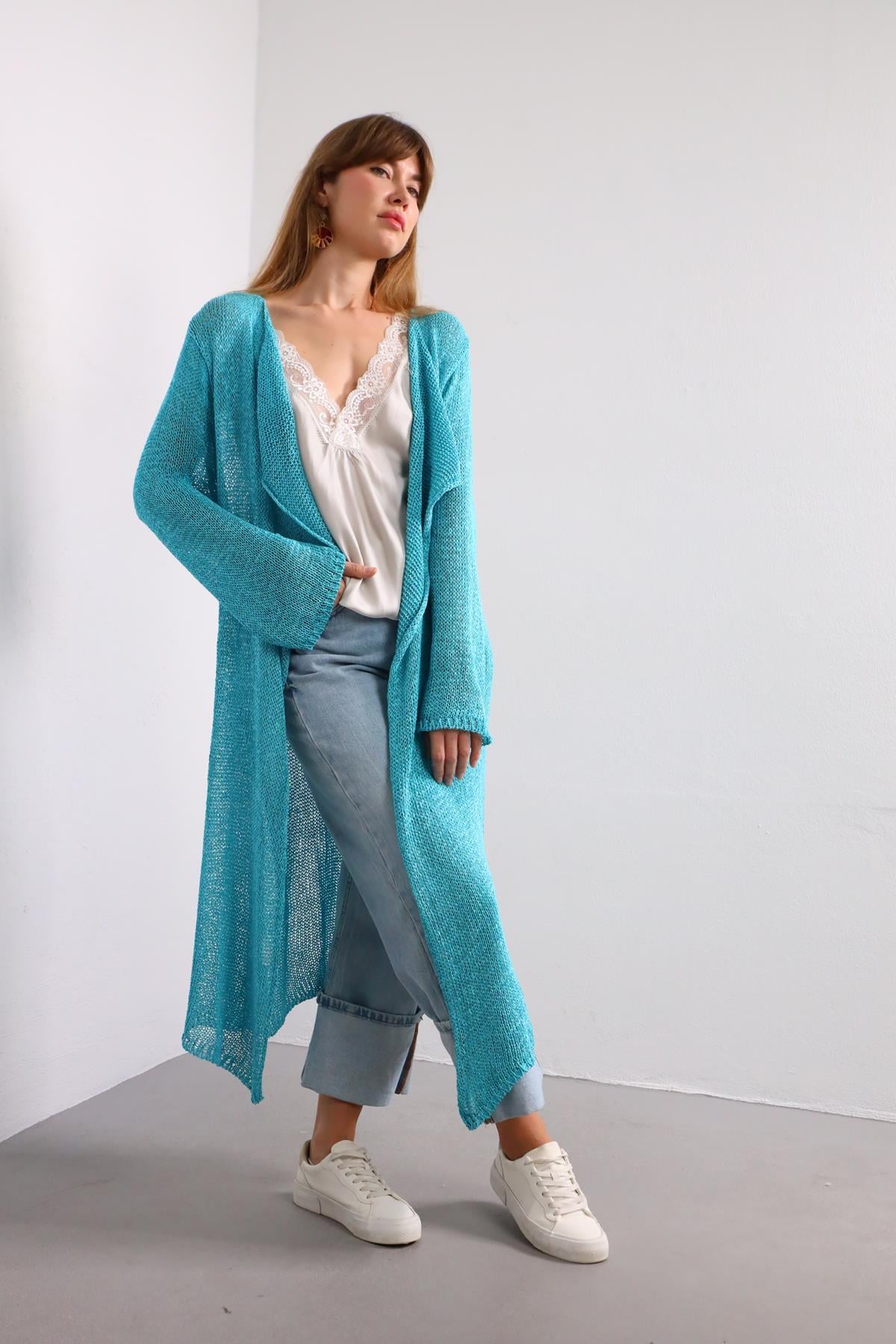 Turkuaz Yakalı Uzun Merserize Hırka - Şaman Butik - Bohem Giyim ve Aksesuar | Kadın & Erkek Turkuaz Yakalı Uzun Merserize Hırka