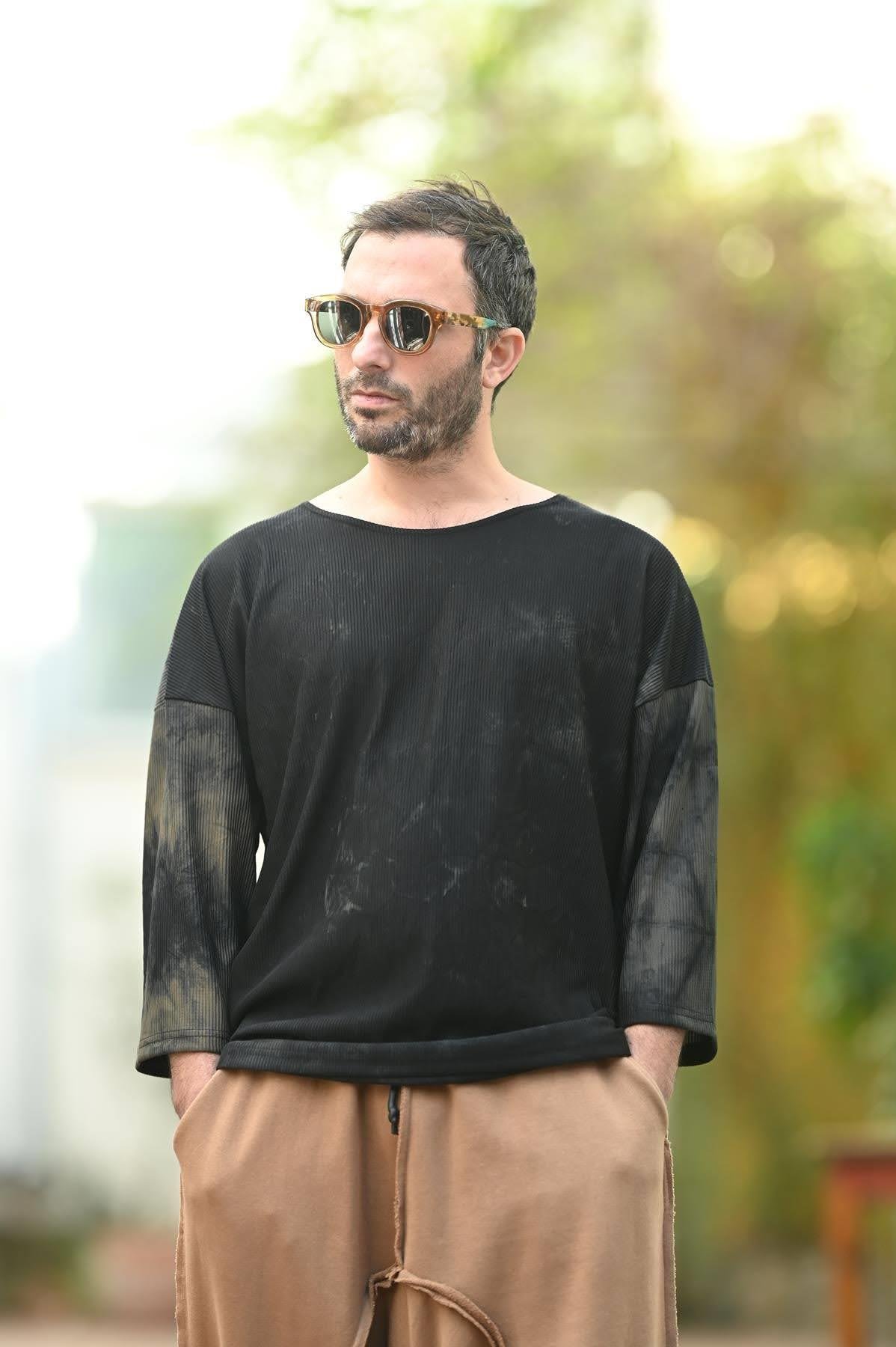 Black Wide Collar Three Quarter Sleeve Mens Sweatshirt