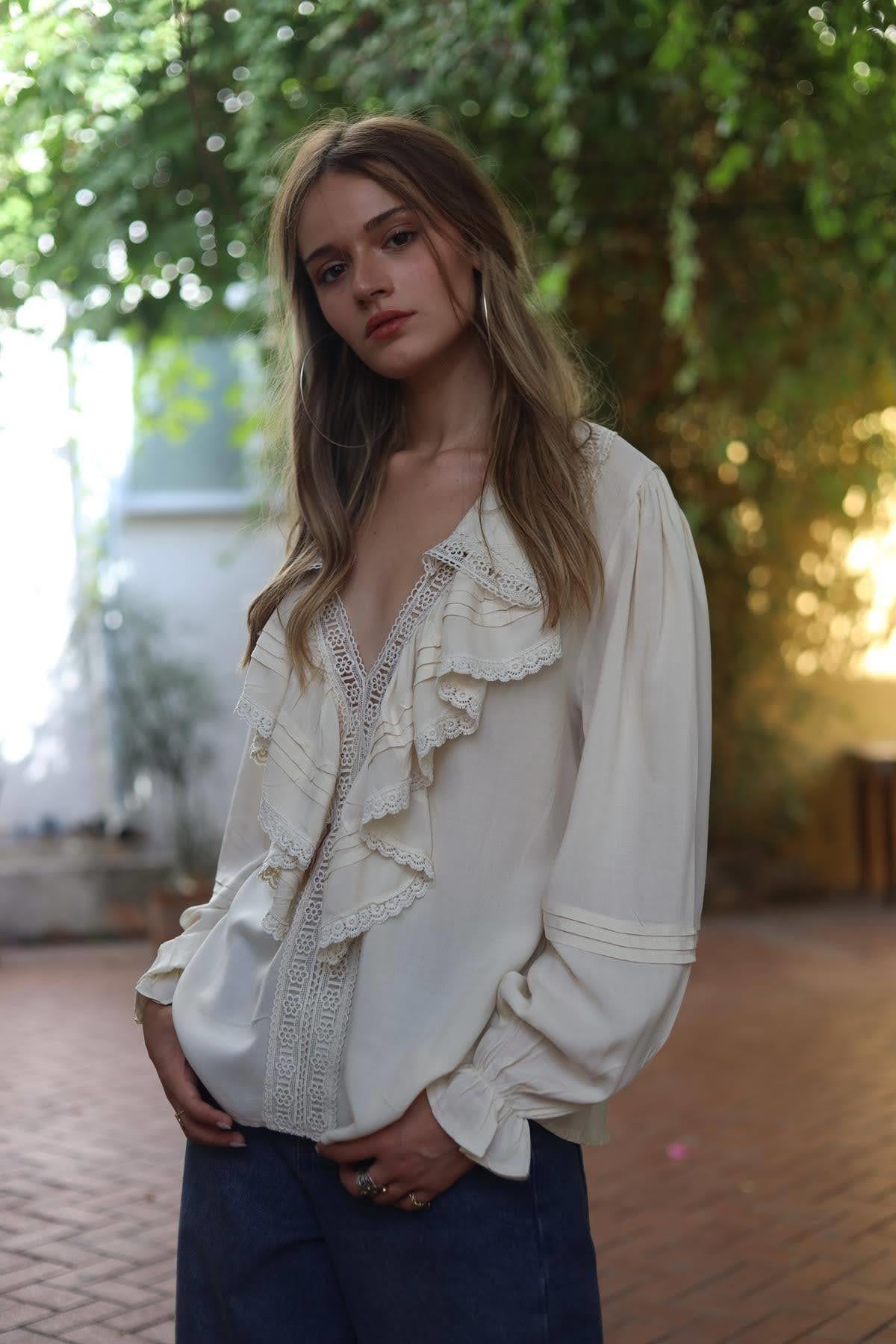 Cream Lace Detailed Ruffle Trim Blouse