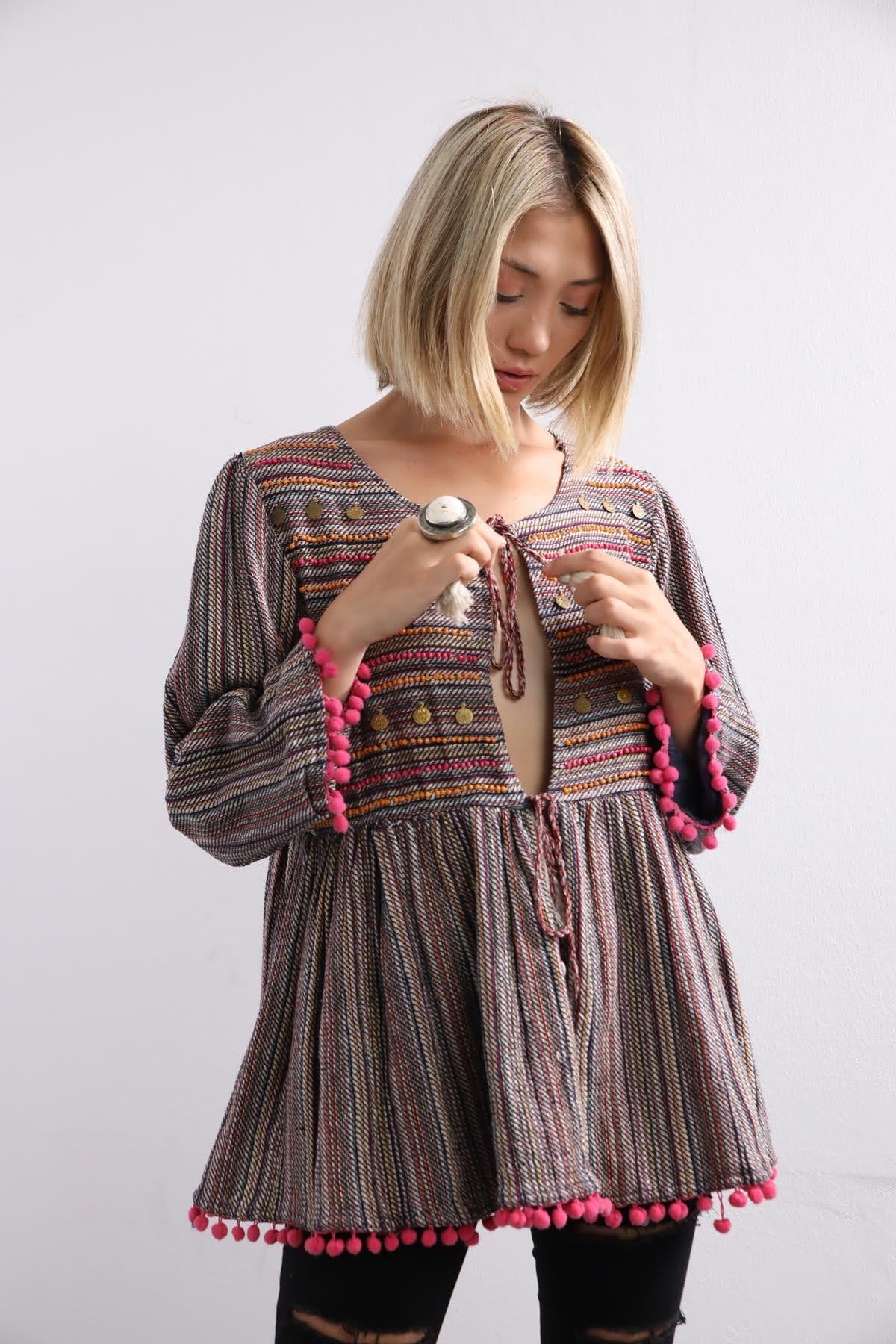 Pembe Çizgili Ponponlu Para Detaylı Ceket - Şaman Butik Pembe Çizgili Ponponlu Para Detaylı Ceket