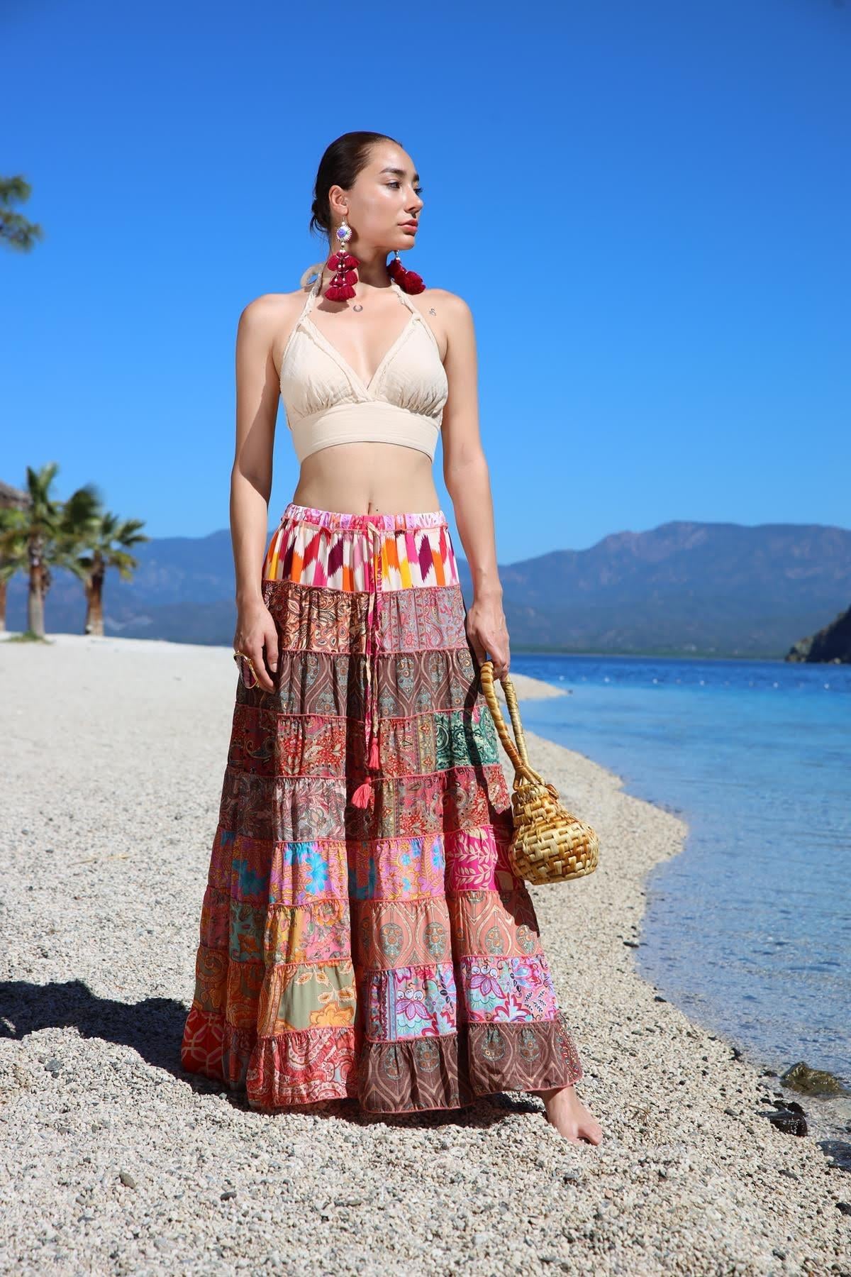 Renkli Patchwork Otantik İpek Etek - Şaman Butik Renkli Patchwork Otantik İpek Etek
