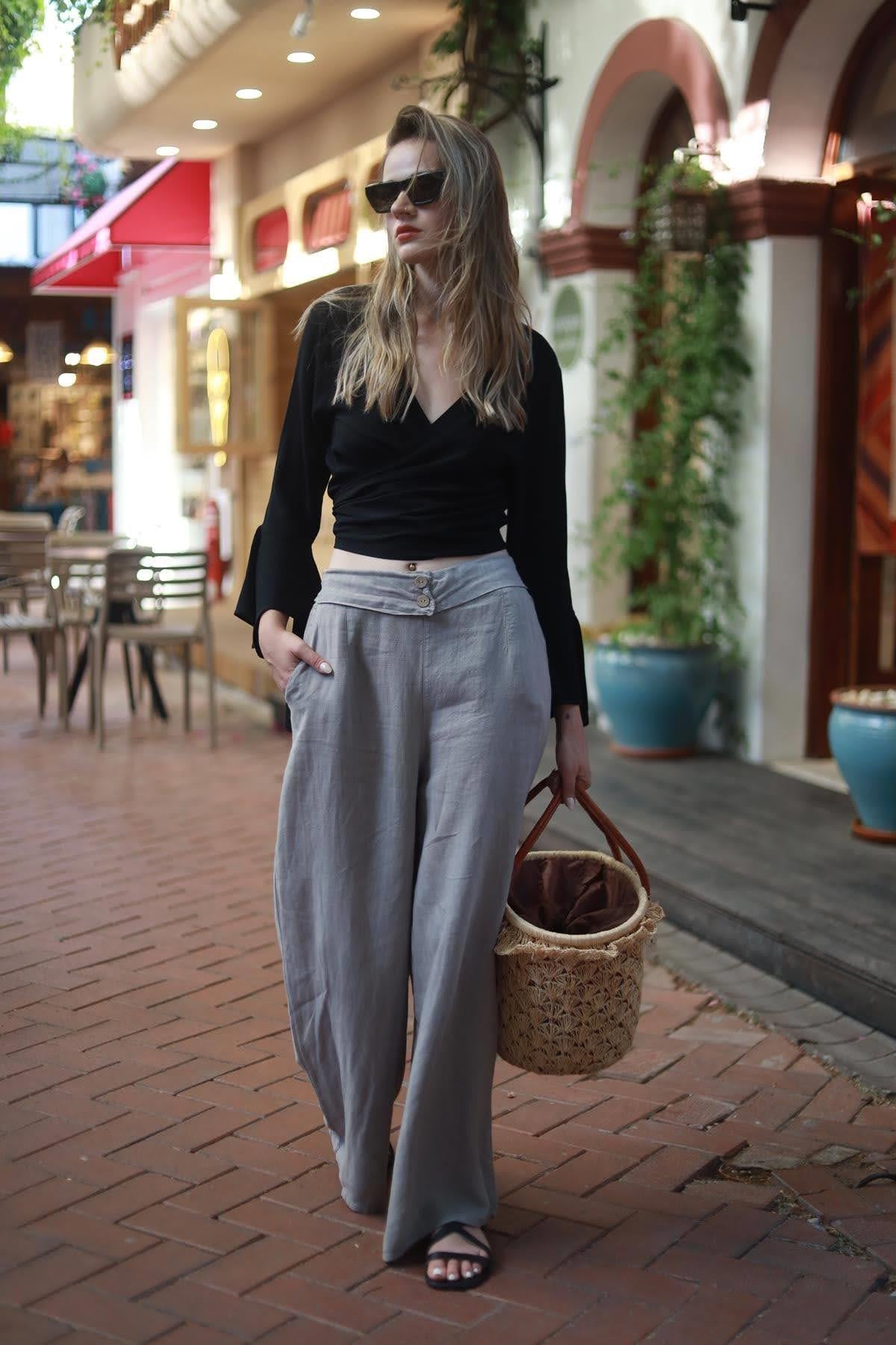Mink Color Double Button Linen Pants