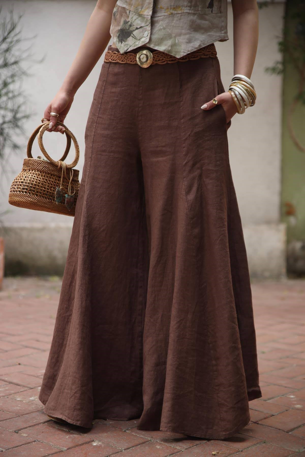 Kahverengi Keten Pantolon Etek