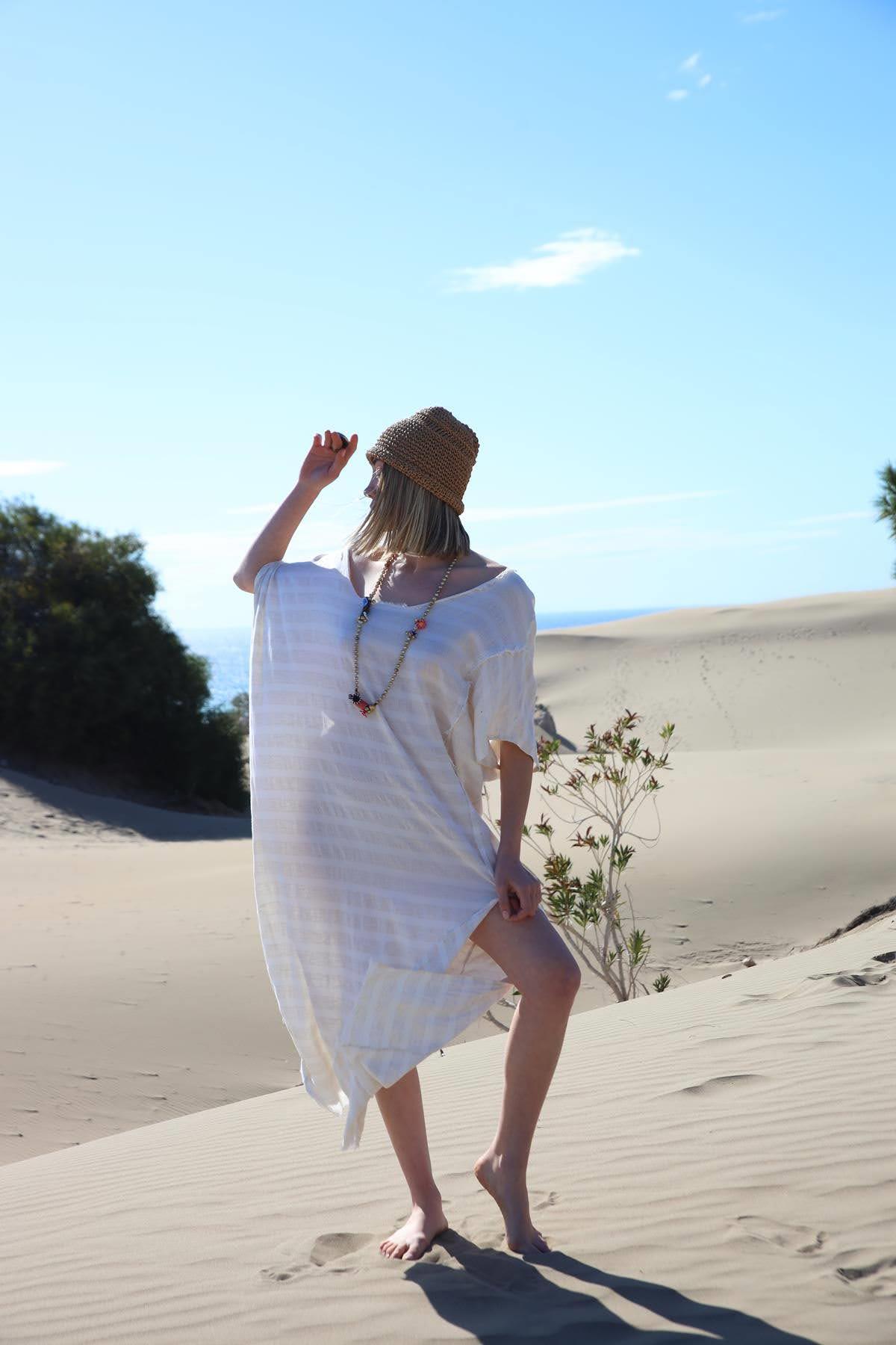 Ecru Seaming Detail Striped Bohemian Slit Dress - Saman Butik | Shop Online Ecru Seaming Detail Striped Bohemian Slit Dress
