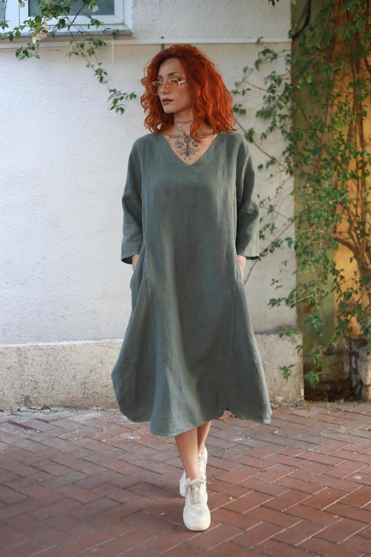 Khaki V Neck Pocketed Midi Linen Dress
