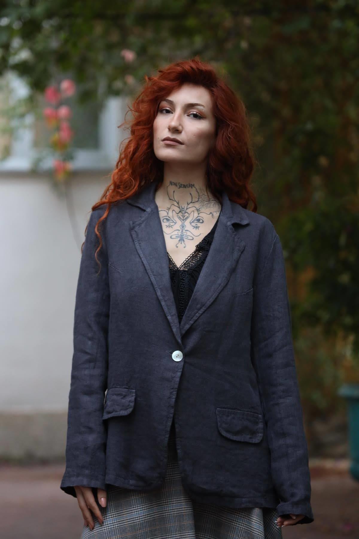 Antrasit Sahte Cepli Tek Düğmeli Ham Keten Ceket