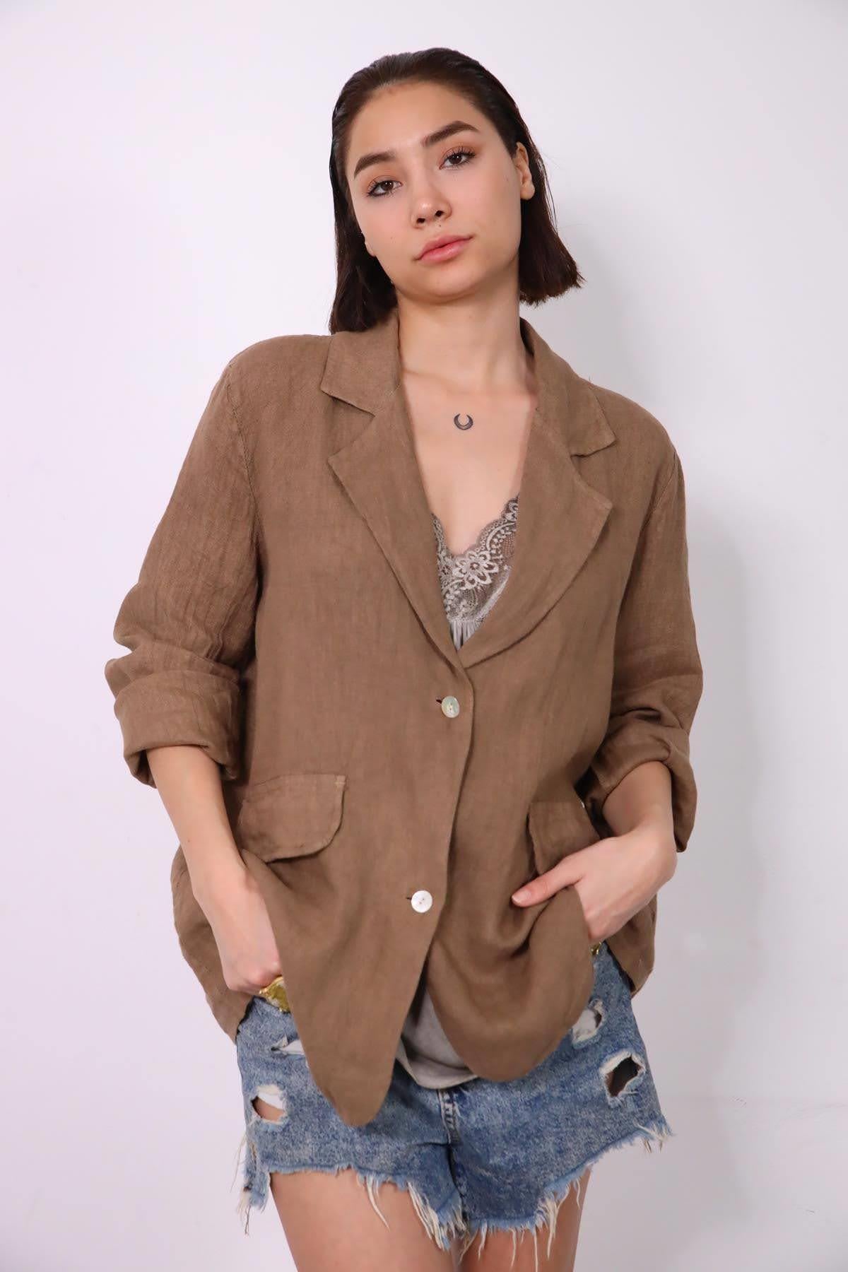 Toprak Rengi Sahte Cepli Keten Ceket - Şaman Butik Toprak Rengi Sahte Cepli Keten Ceket