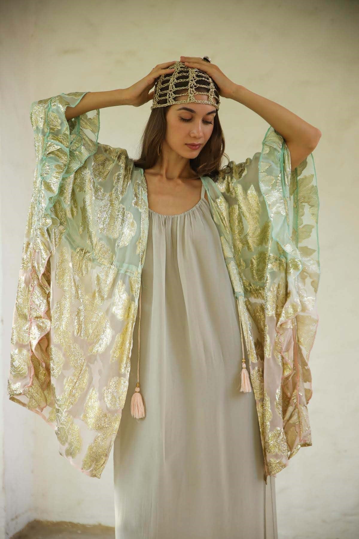 Mint Yeşili Pembe Yaldızlı Kısa Kimono