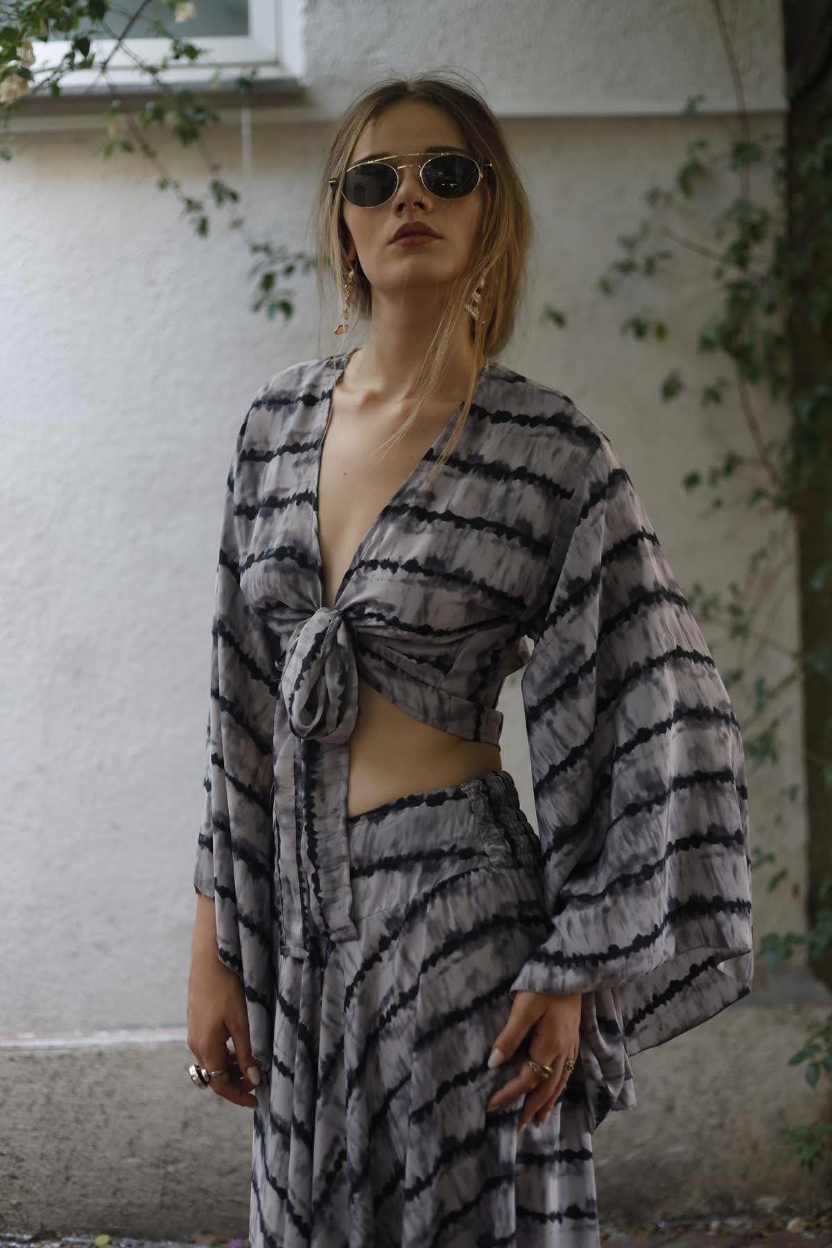 Gray Wide Sleeve Silk Wrap Blouse