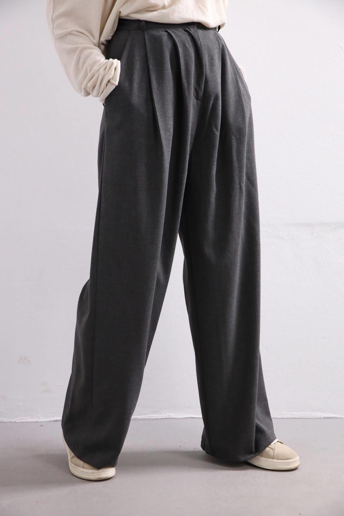 Antrasit Pileli Kumaş Pantolon - Şaman Butik Antrasit Pileli Kumaş Pantolon