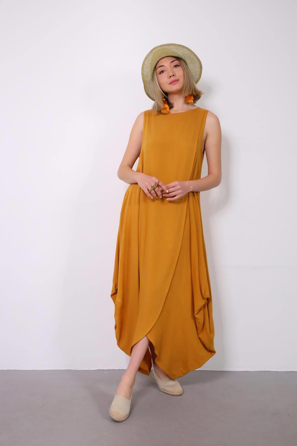 Hardal Rengi Diyagonal Kesim Anvelop Elbise - Şaman Butik Hardal Rengi Diyagonal Kesim Anvelop Elbise