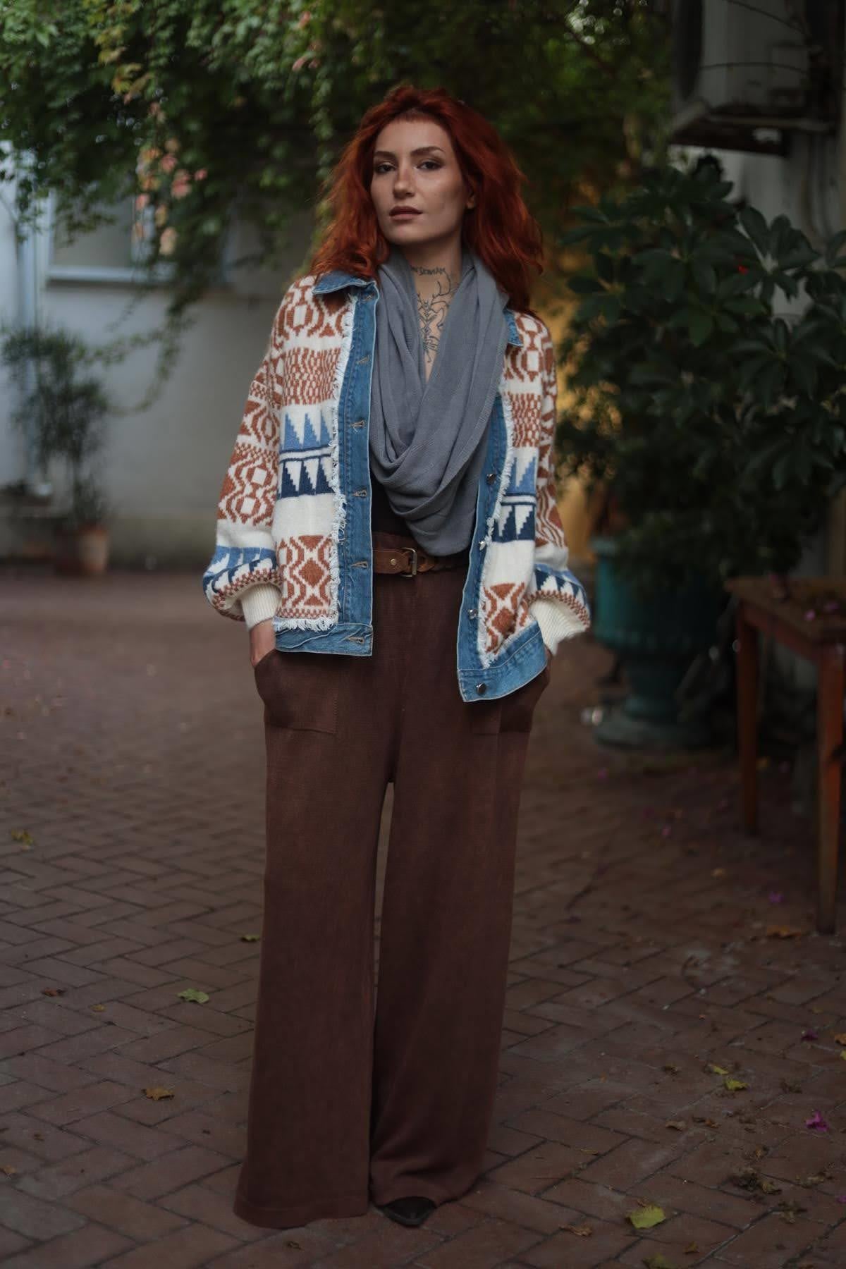 Beige Denim Detailed Knitwear Jacket