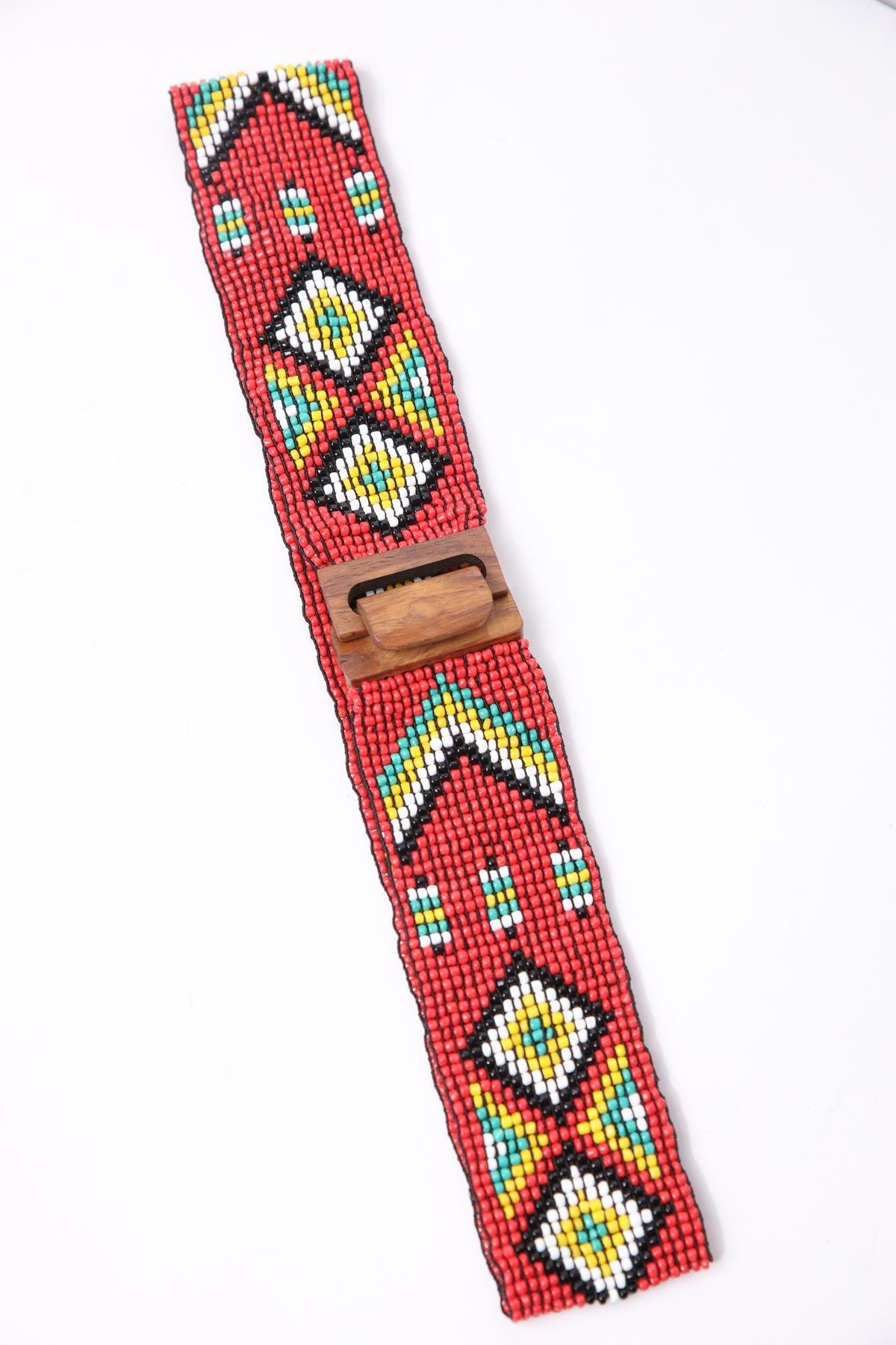 Red Wooden Buckle Detailed Beaded Elastic Belt