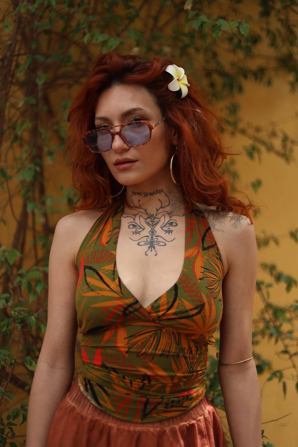 Khaki Patterned Tie Back Blouse