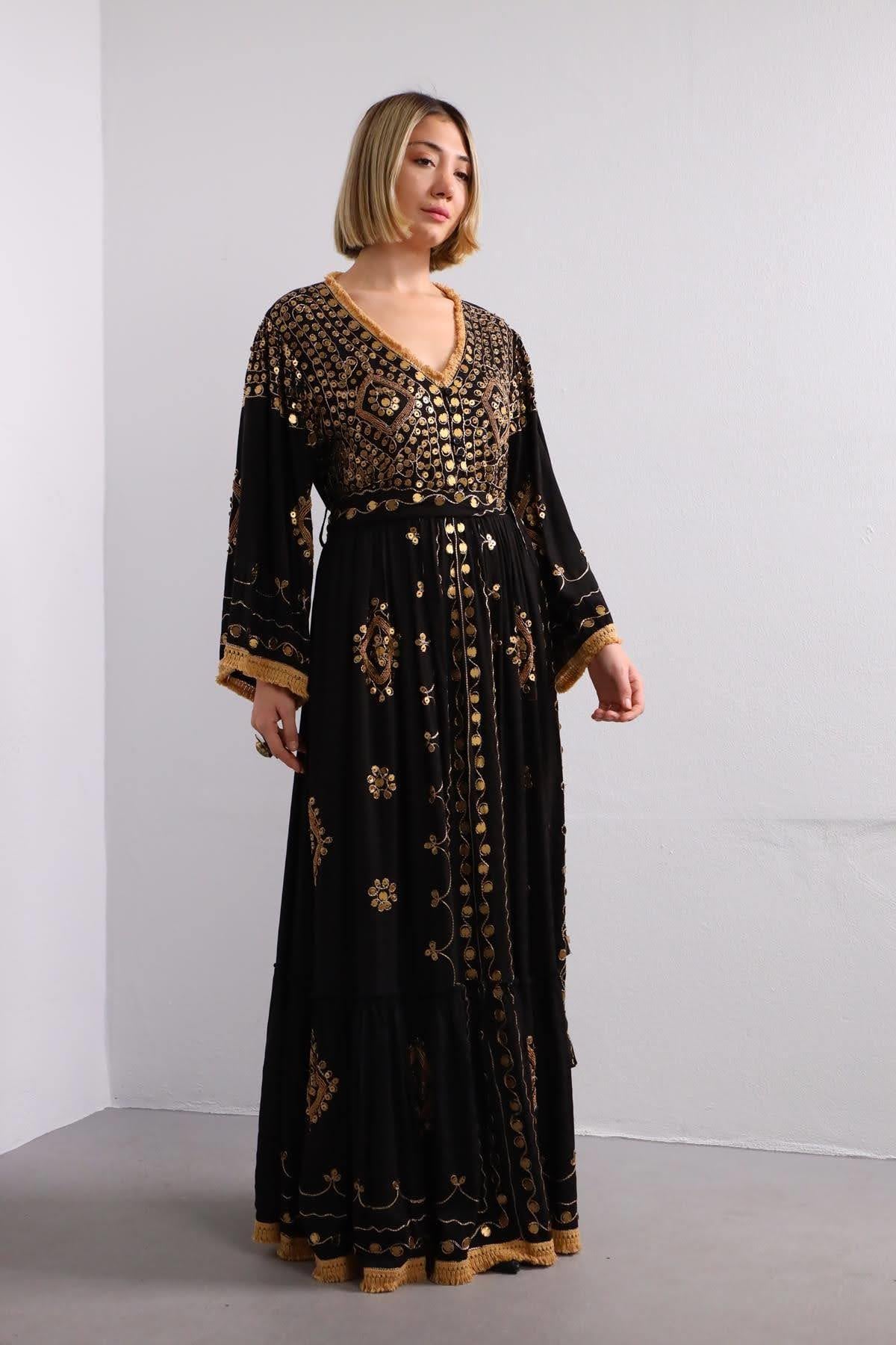 Siyah Kendinden Desenli İşlemeli Otantik Elbise - Şaman Butik Siyah Kendinden Desenli İşlemeli Otantik Elbise