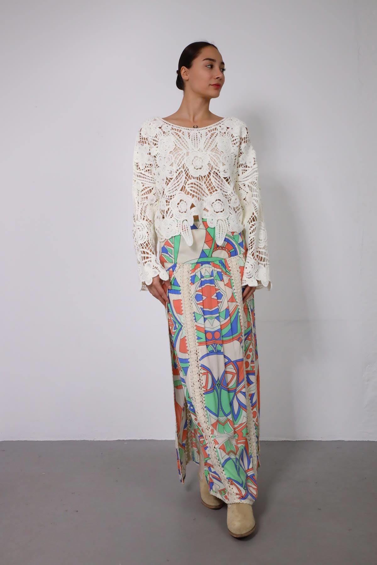 Bej Renkli Desenli Dikiş Detaylı Etek - Şaman Butik - Bohem Giyim ve Aksesuar | Kadın & Erkek Bej Renkli Desenli Dikiş Detaylı Etek