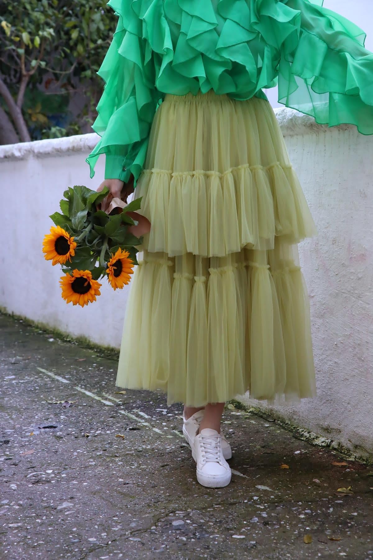 Fıstık Yeşili Kat Kat Tül Etek - Şaman Butik Fıstık Yeşili Kat Kat Tül Etek