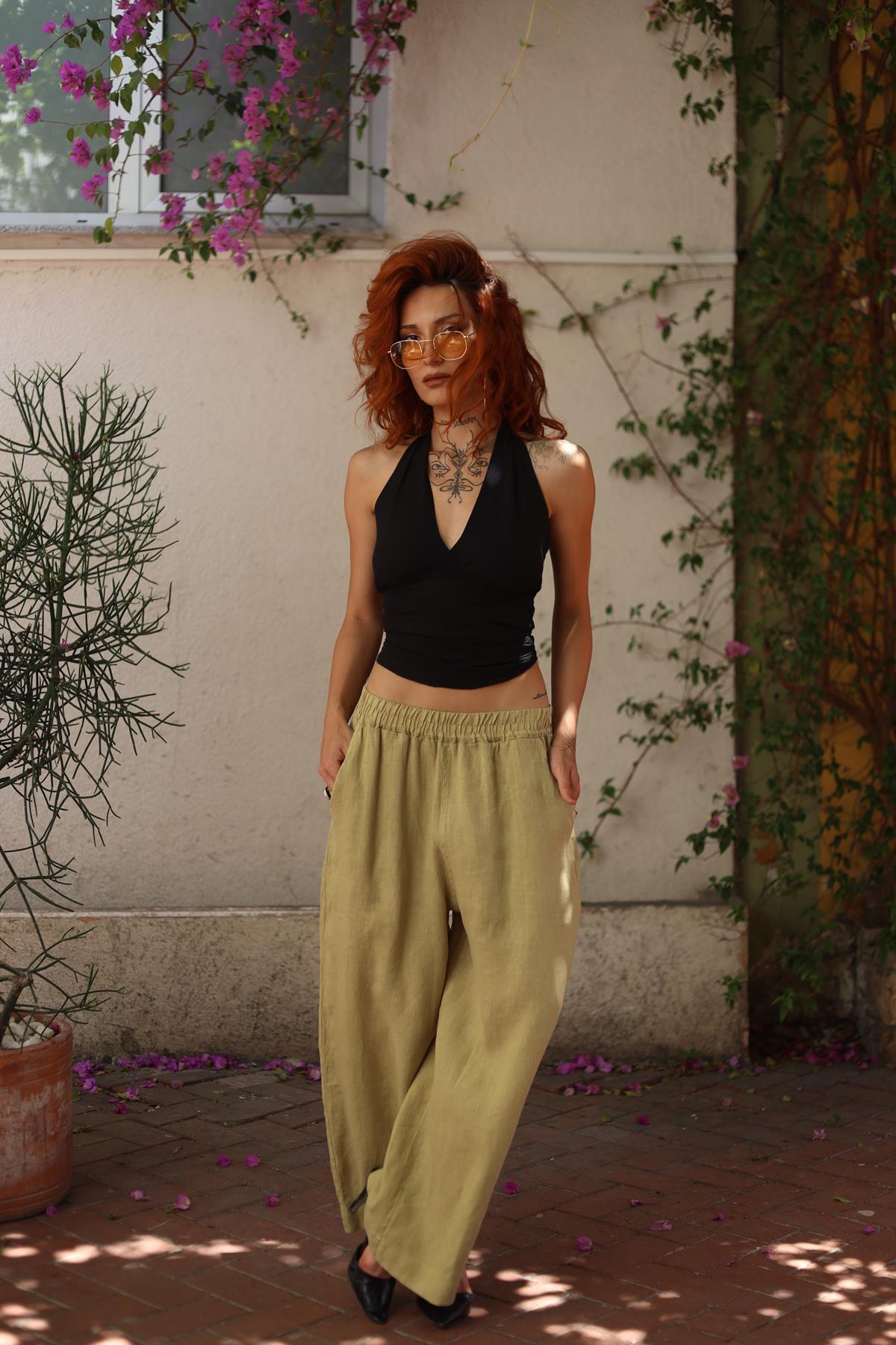 Light Khaki Linen Palazzo Pants