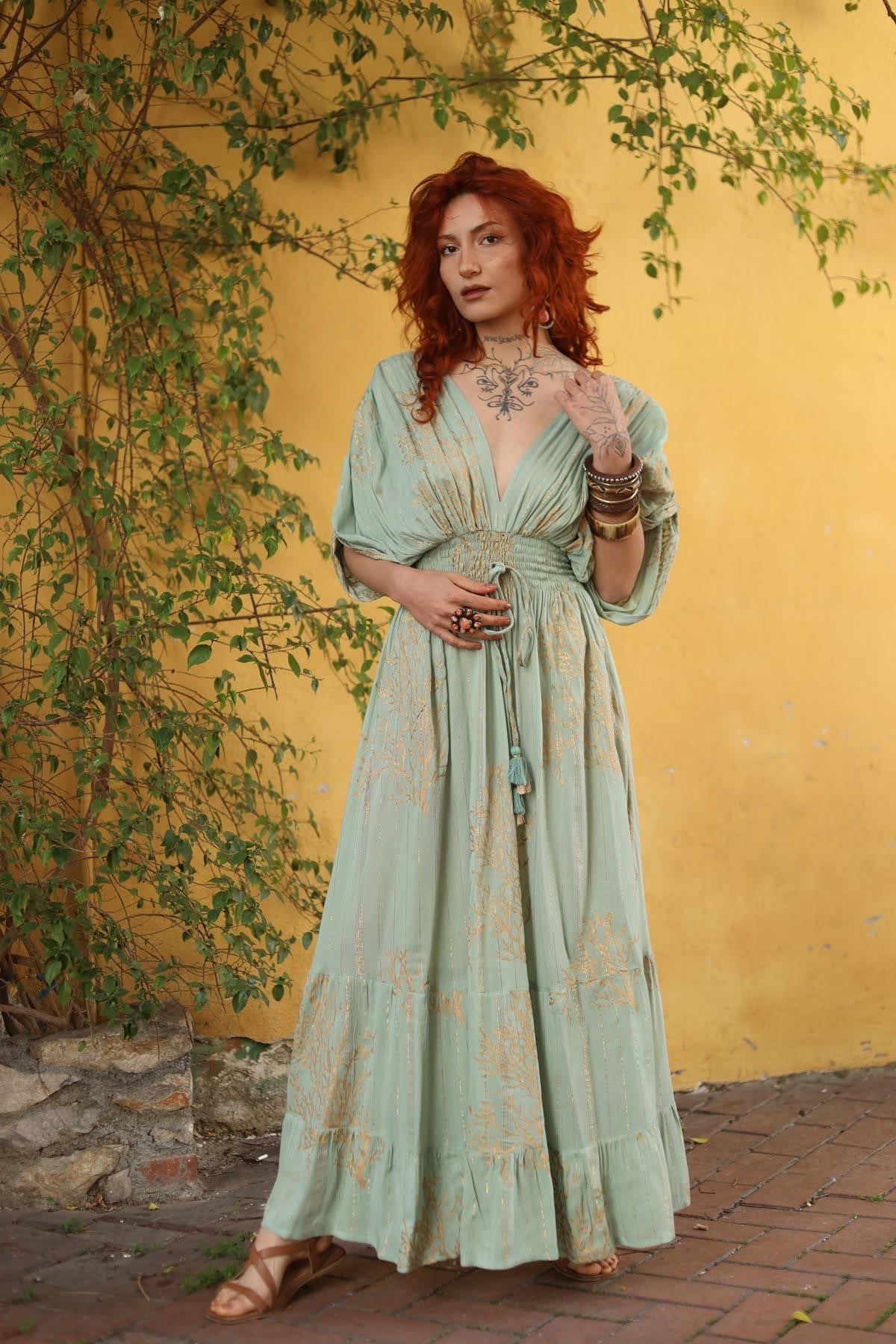 Mint Green Gold Detailed Shoulder Pleated Authentic Dress