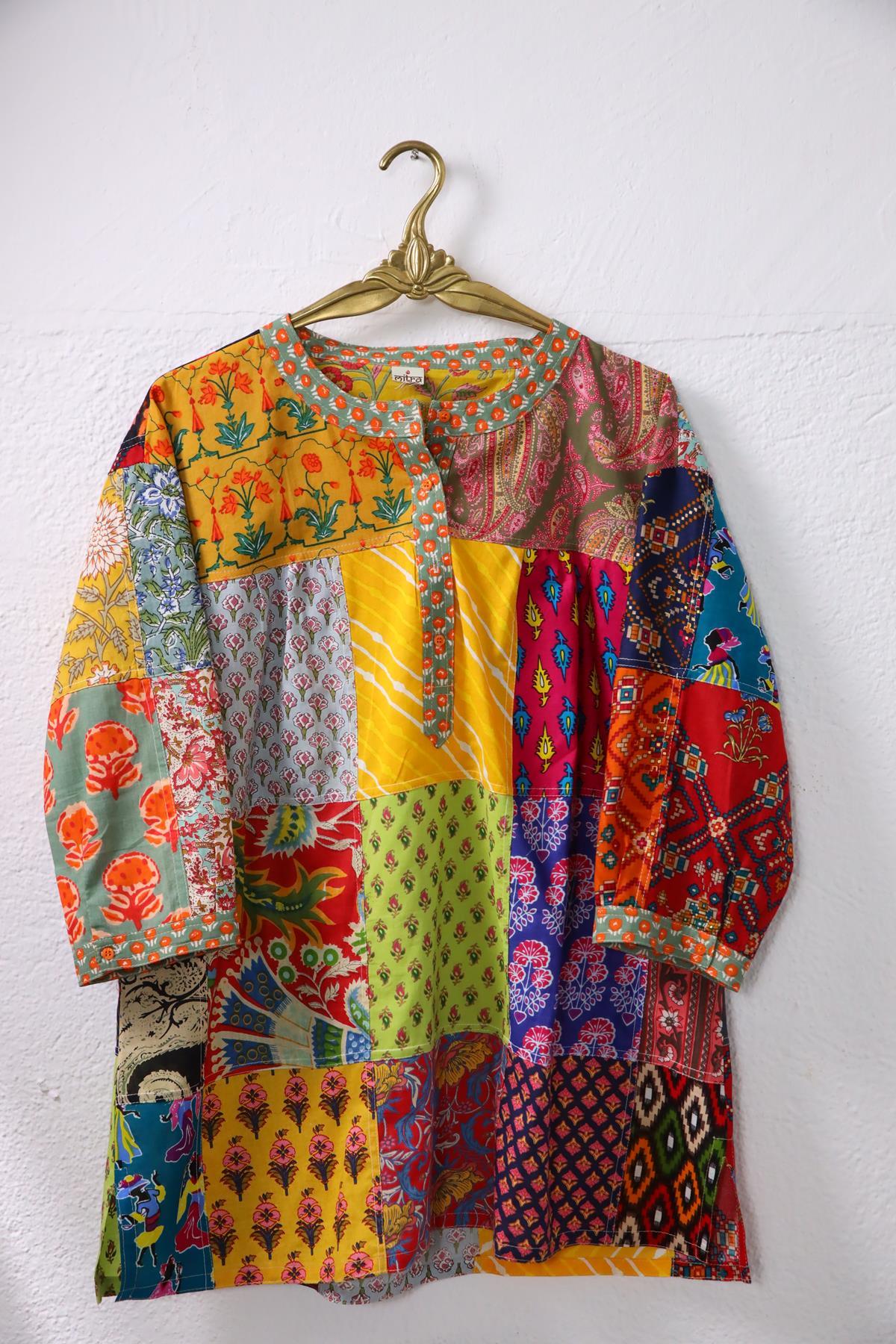 Renkli Yakası Düğmeli Patchwork Tunik - Şaman Butik Renkli Yakası Düğmeli Patchwork Tunik