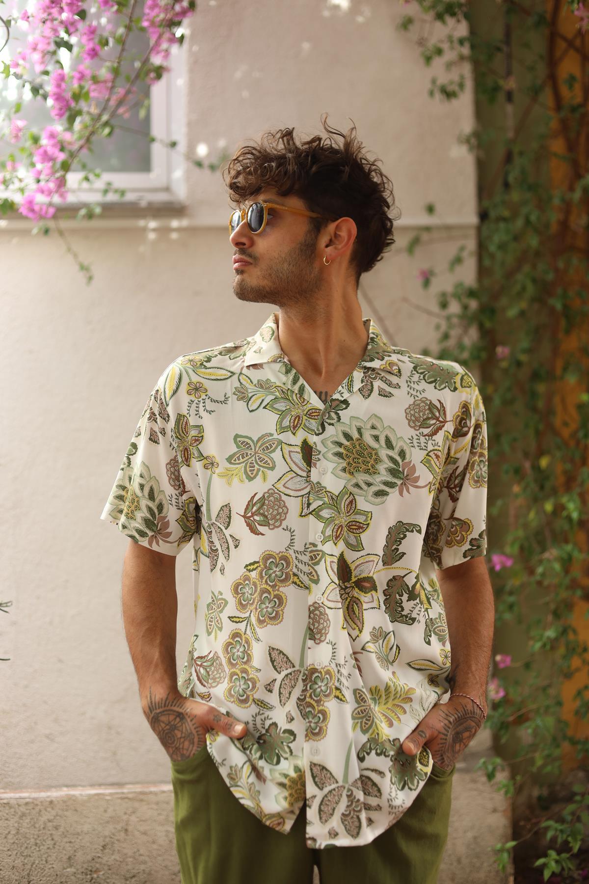 White Patterned Short Sleeve Mens Shirt