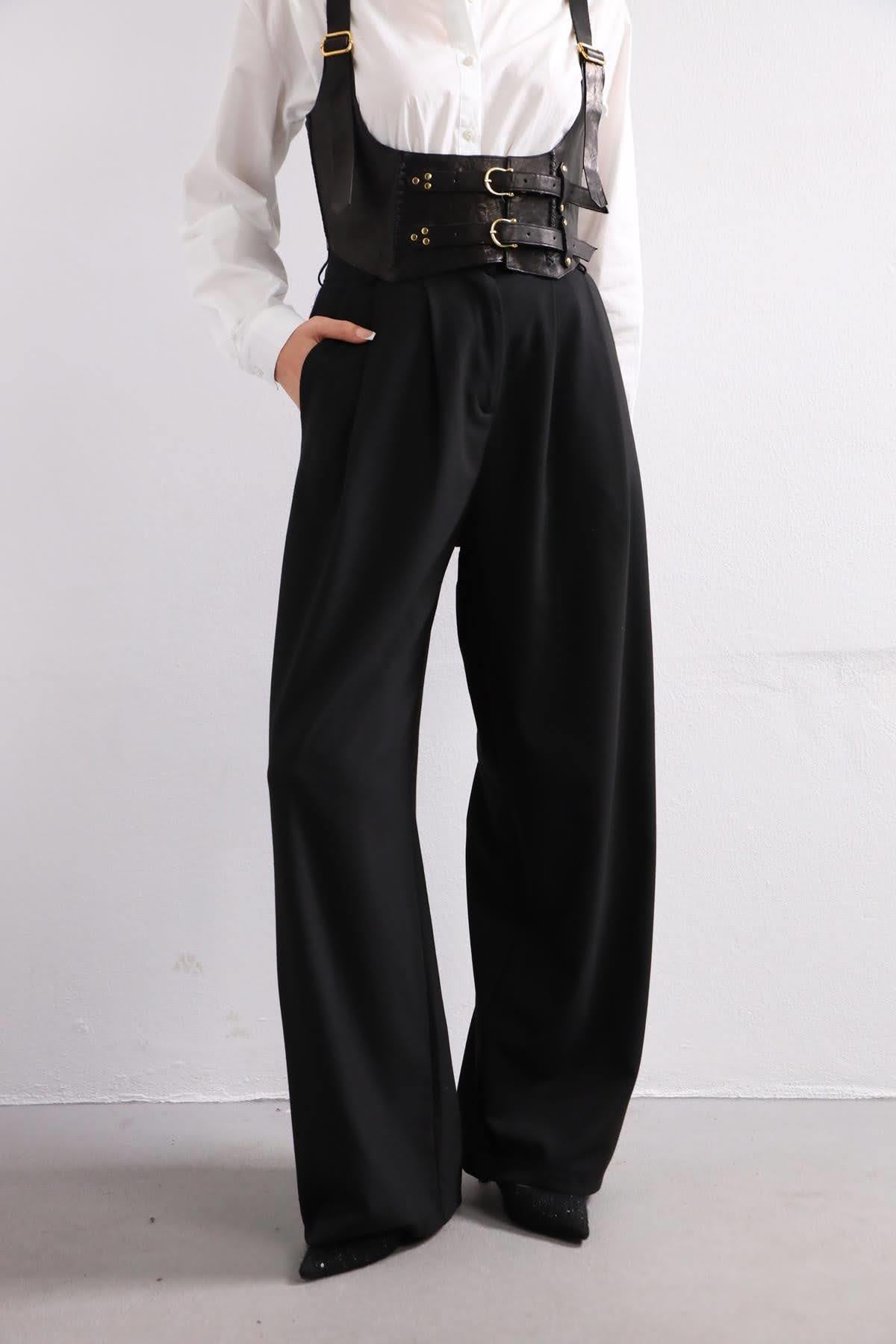 Siyah Pileli Kumaş Pantolon - Şaman Butik Siyah Pileli Kumaş Pantolon