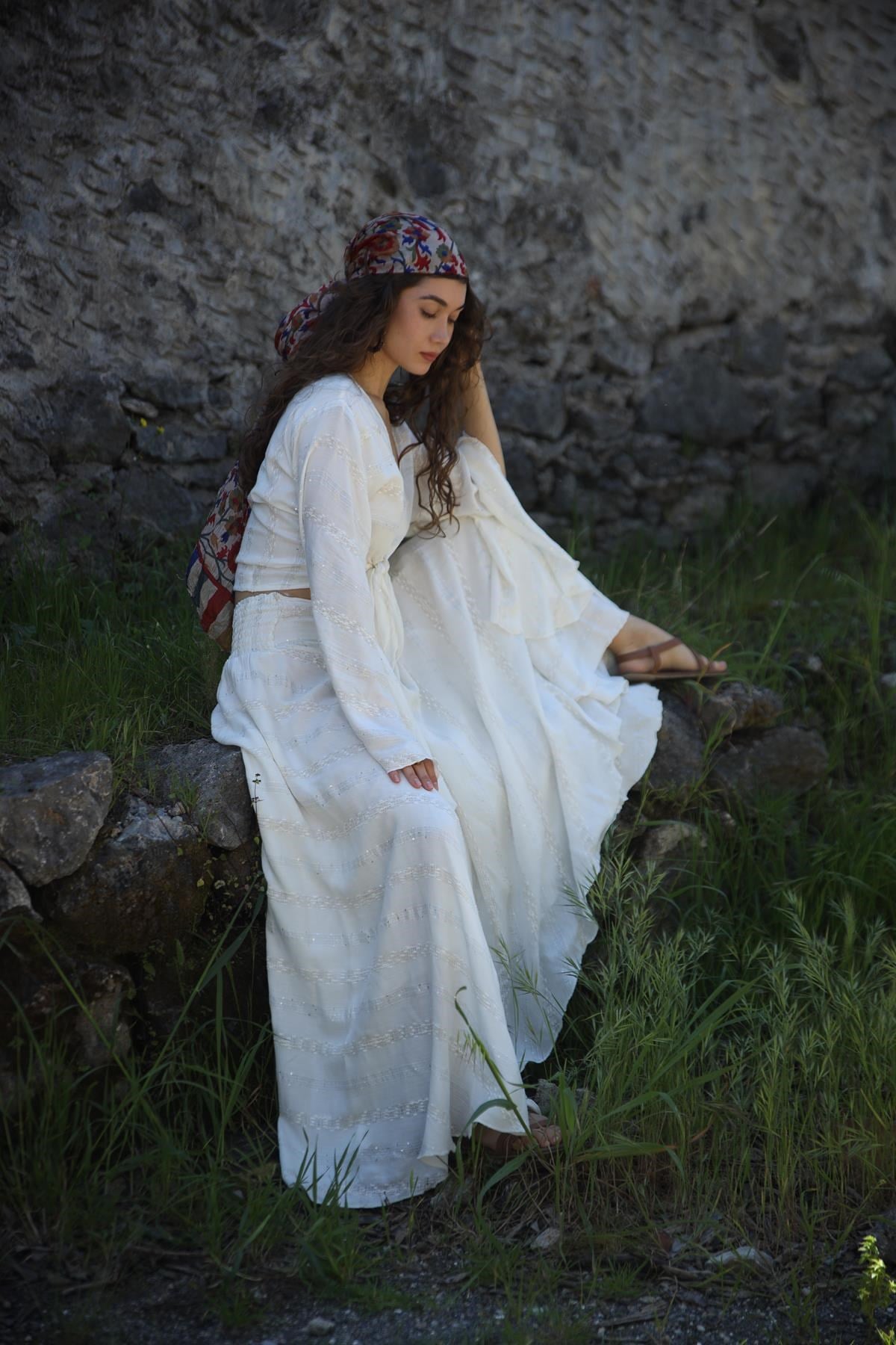 Ekru Payetli Beli Gipeli Pantolon Etek