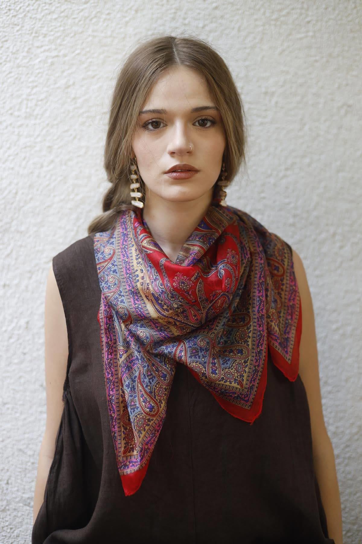 Red Patterned Square Silk Shawl