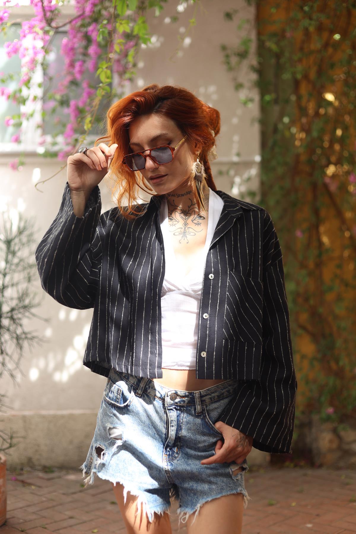 Black Striped Linen Crop Shirt