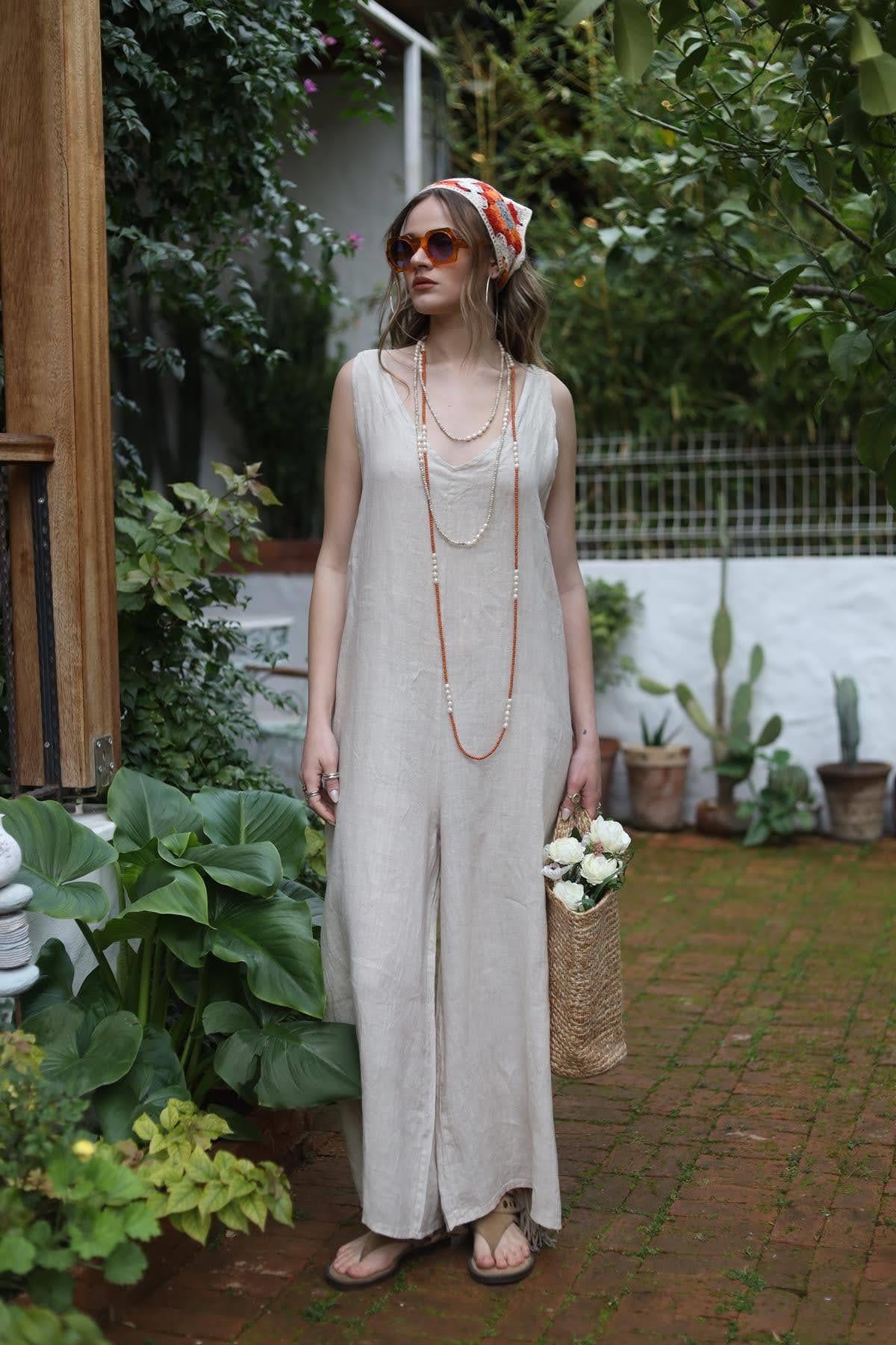 Krem Rengi V Yaka Arkadan Bağlamalı Keten Tulum