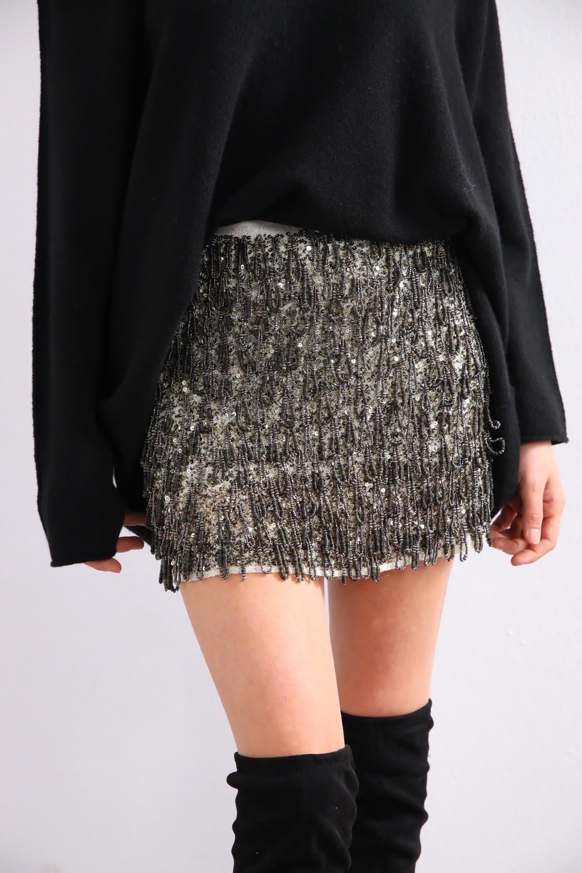 Ekru Boncuk İşlemeli Mini Etek - Şaman Butik Ekru Boncuk İşlemeli Mini Etek