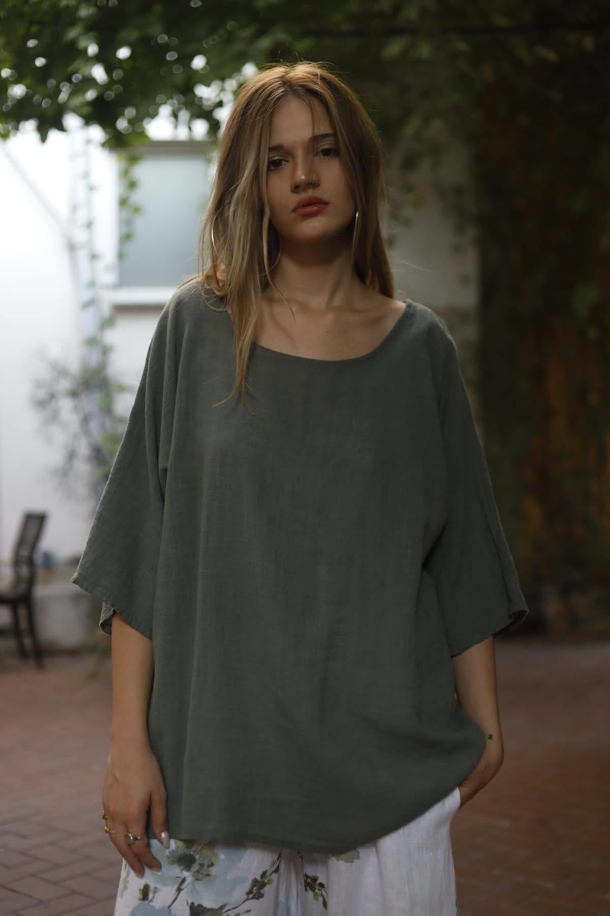 Khaki Wide Collar Linen Blouse