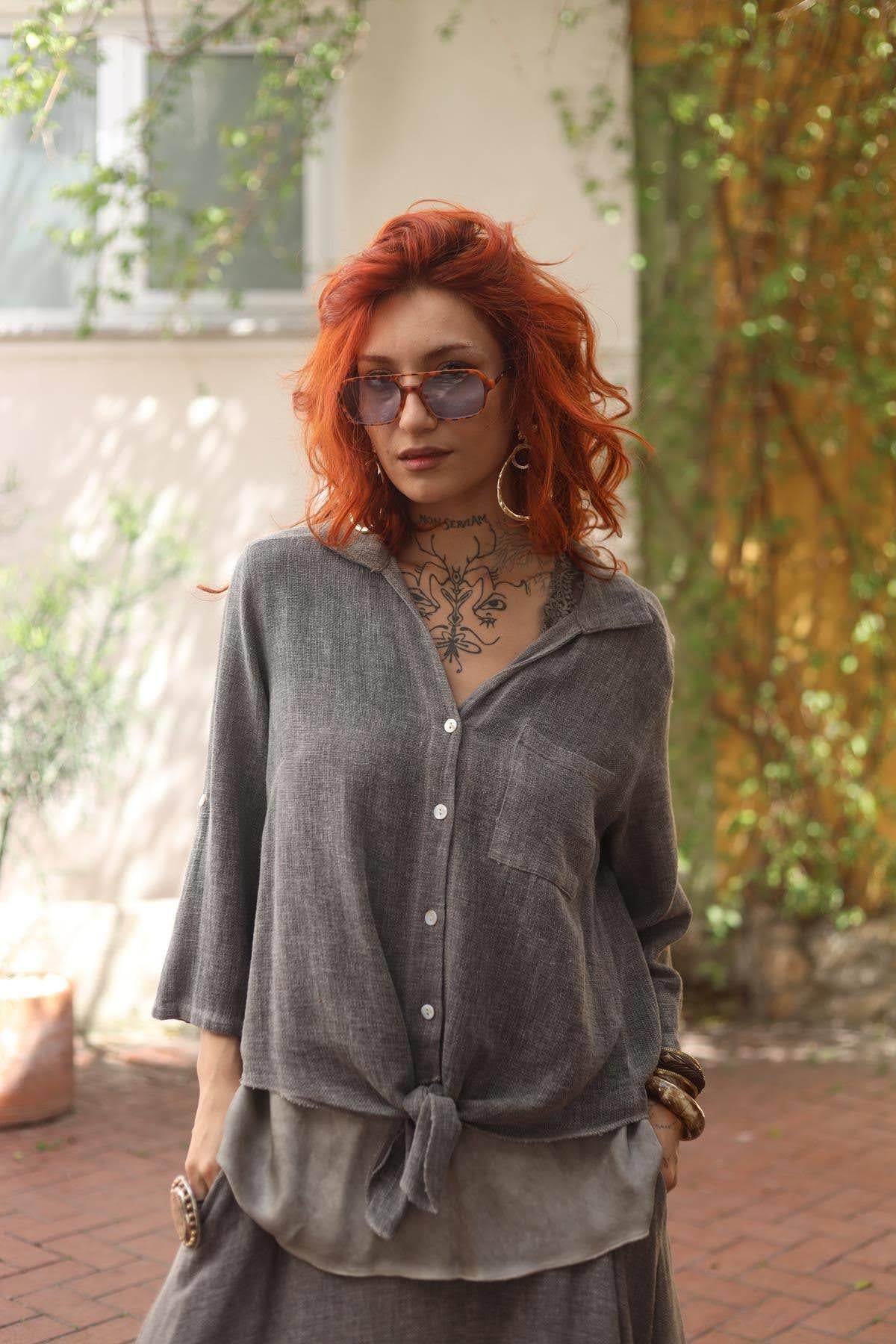 Dark Mink Pocket Detailed Linen Shirt 