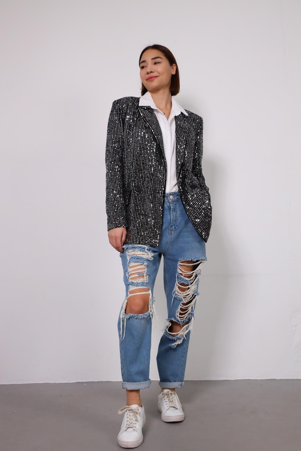 Siyah Pullu Şık Ceket - Şaman Butik Siyah Pullu Şık Ceket