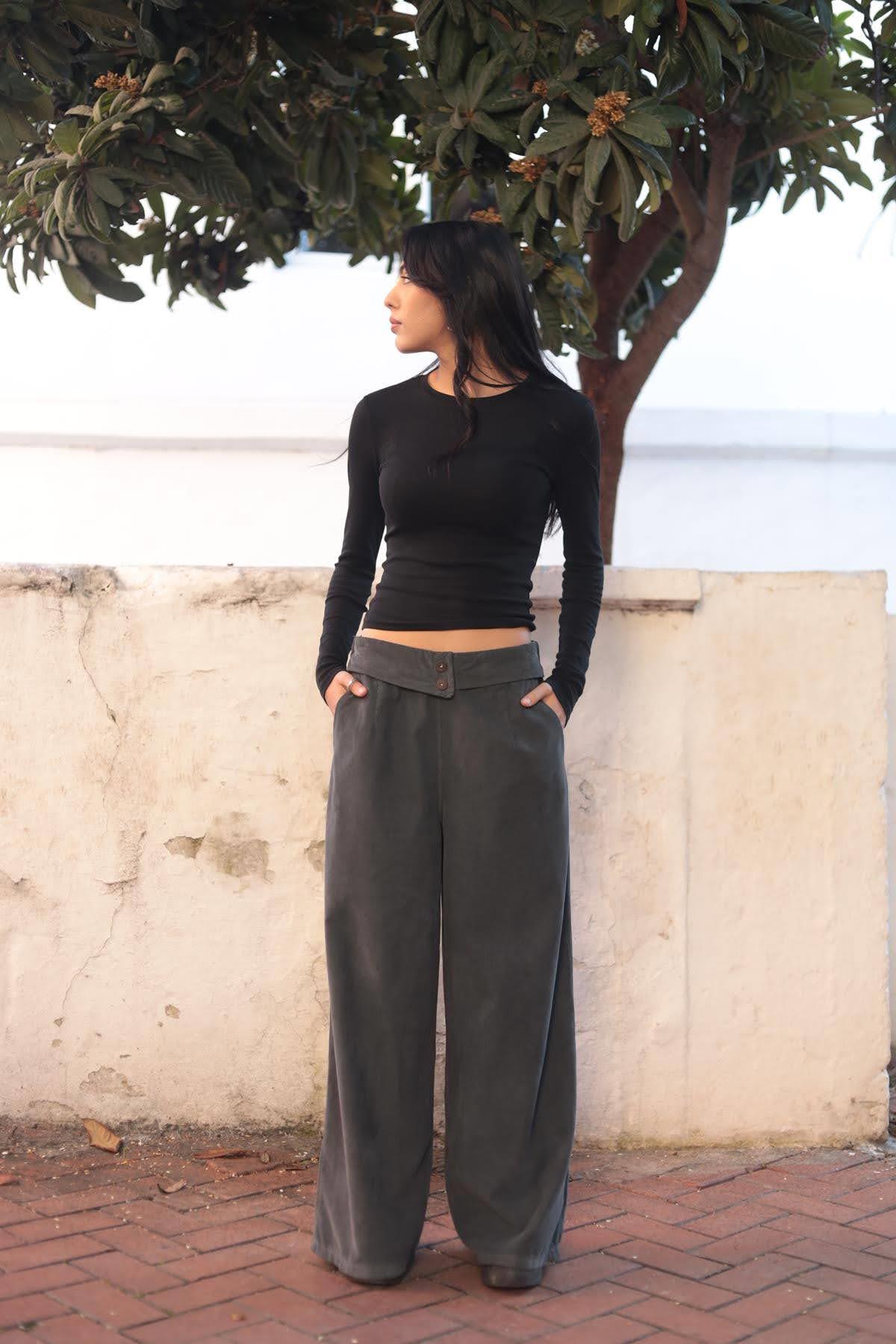 Antrasit Beli Çift Düğmeli Kadife Pantolon